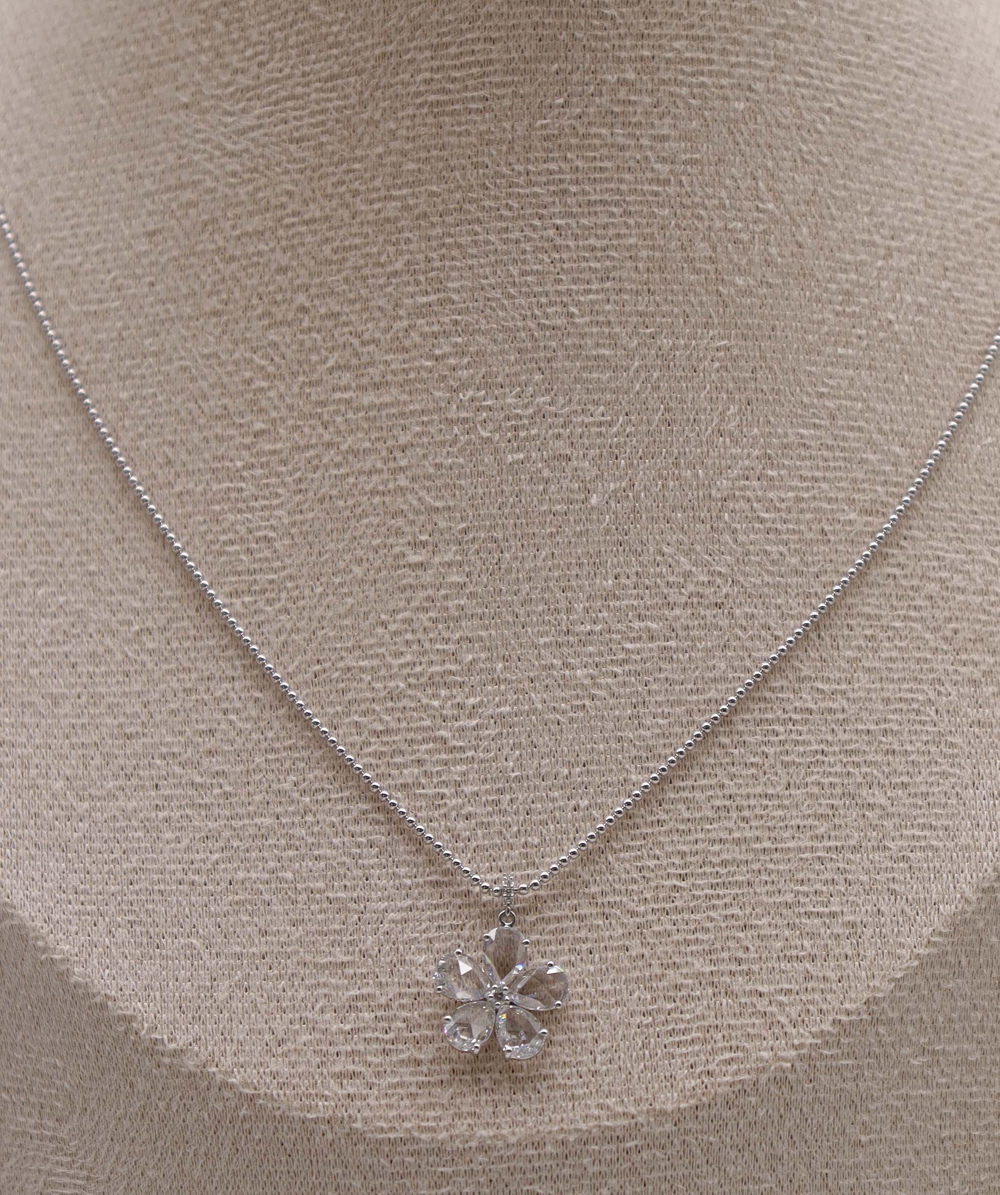 Luxury Promise 1.24ct Rose Cut Diamond Flower Pendant Necklace White Gold C12153