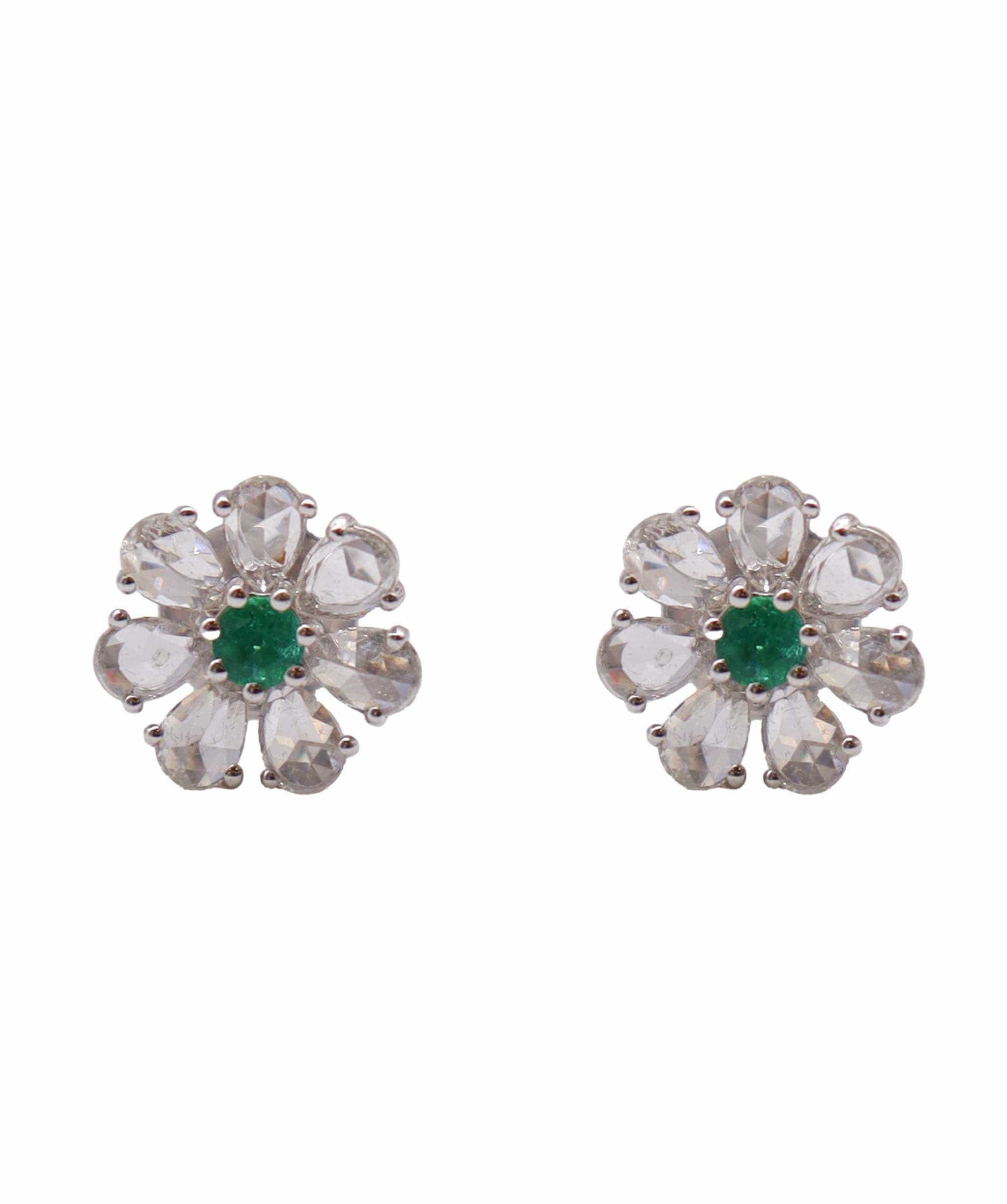 Luxury Promise 1.52ct Rose Cut Diamond and Emerald Flower studs White Gold E6353