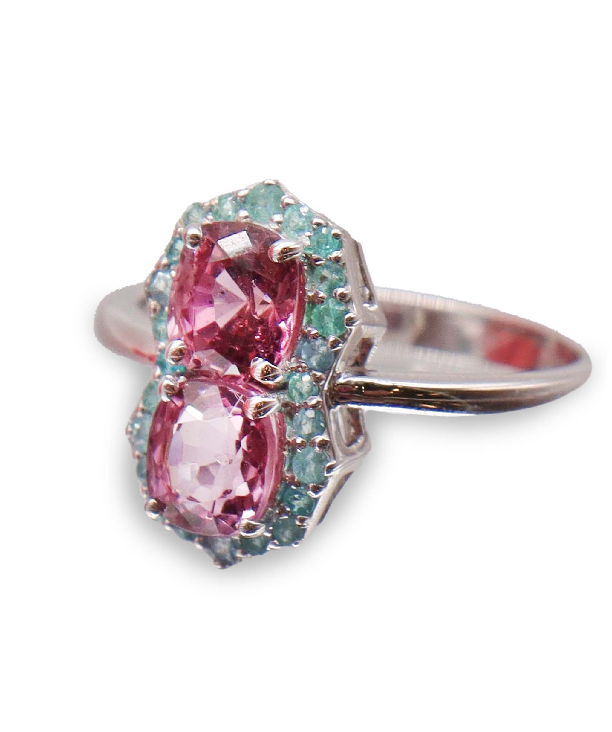 Luxury Promise 1.97ct pink spinel and green brazilian paraiba dust size 55 WG Ring  DXBS5659