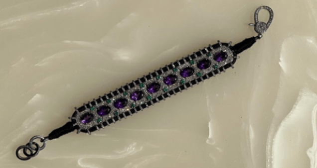 Luxury Promise 14K Victorian Bracelet - Wt. (Gross-25.150gms; Silver-21.232gms; Other-1.050gms) Dia. Single Cut LB 3.360ct with 1090 Dia. Pcs (Purple Stones: Amethyst 10.140cts with 9 pcs; Emerald 0.840cts with 16pcs) - Black HOC-VBRA1096