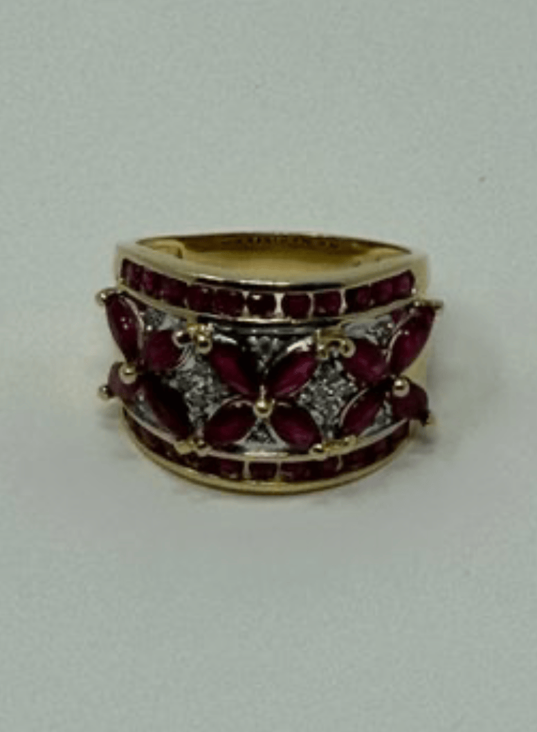 Luxury Promise 14ky 2ct ruby 0.14ctd flower cigar band sz 8.5 8.28g AFI067