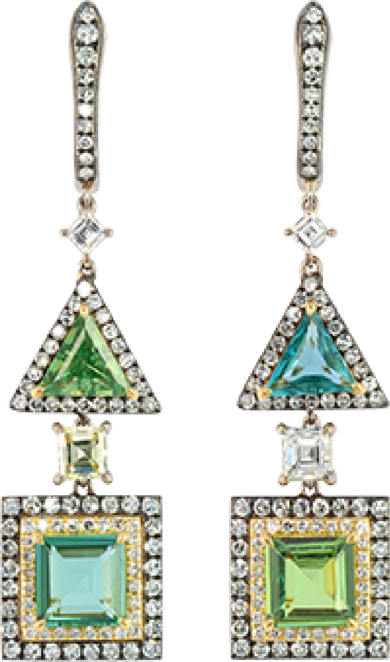 Luxury Promise 18K EARRINGS Yellow GoldDemantoid 1.04 ctSpinel 0.77 ctDemantoid 0.56 ct, Diamonds 1.26 ct / 183 pcsSpinel 0.40 ctYellow Diamonds 0.31 ct / 2 pcs E1617