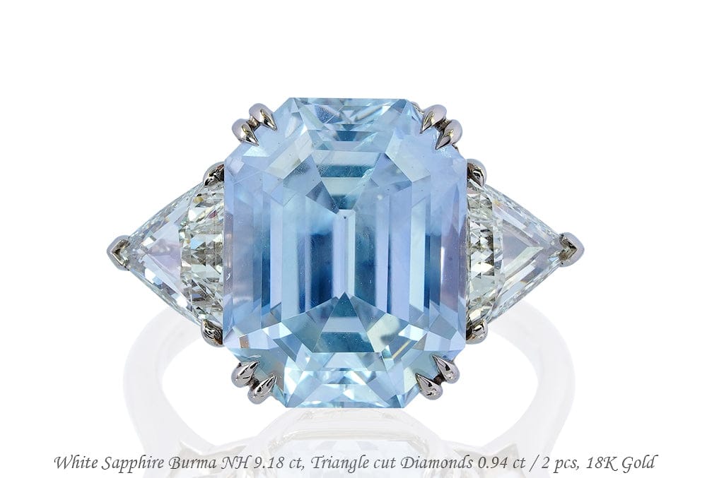 Luxury Promise 18K RING Gold White sapphire Burma NH 9.18 ct Triangle cut Diamonds 0.94 ct / 2 pcs R11194