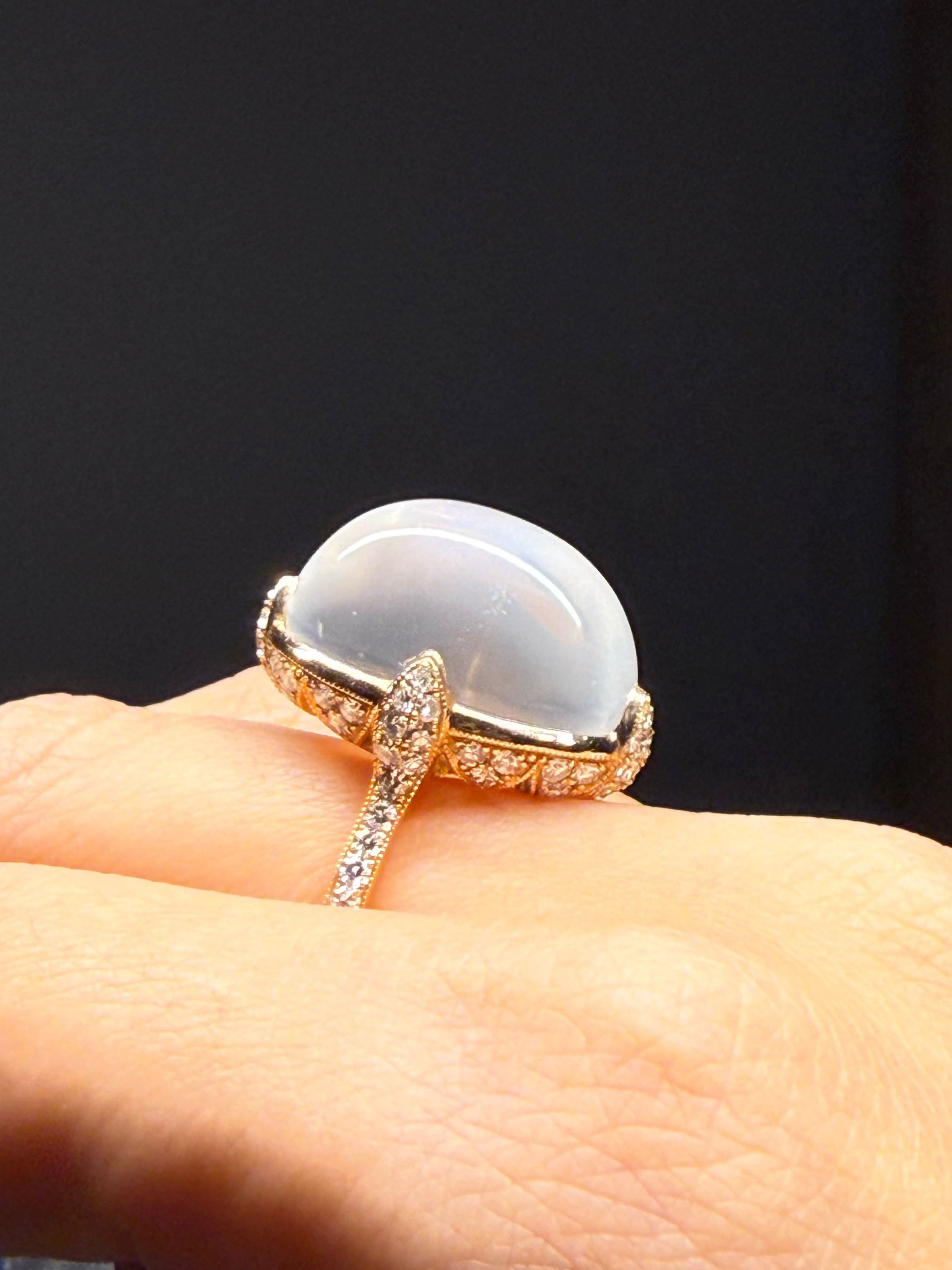 Luxury Promise 18K RING Pink Gold 5.83 Gm, Moonstone 22.07 ct, Diamonds 0.94 ct / 64 pcs R1247