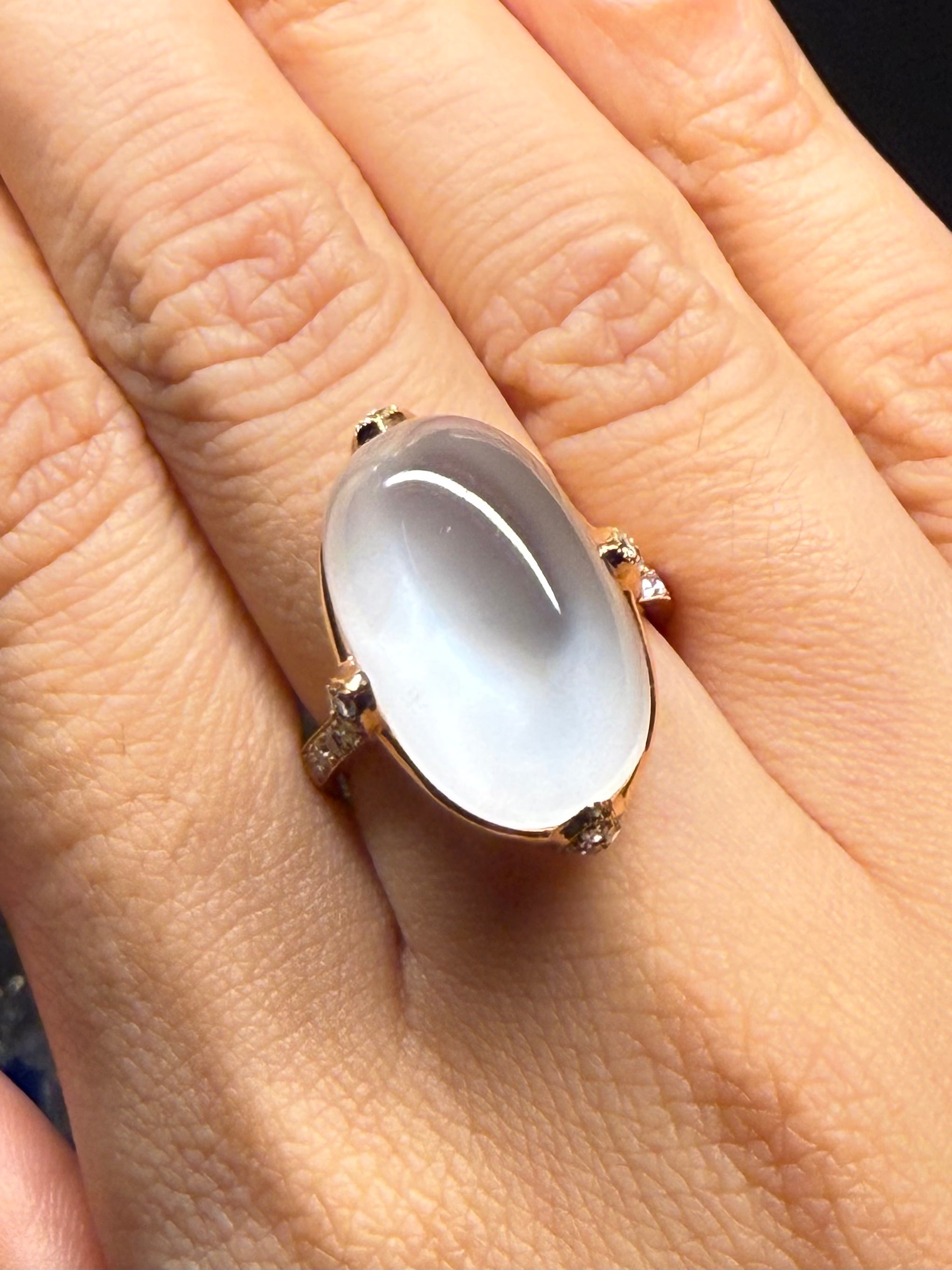 Luxury Promise 18K RING Pink Gold 5.83 Gm, Moonstone 22.07 ct, Diamonds 0.94 ct / 64 pcs R1247