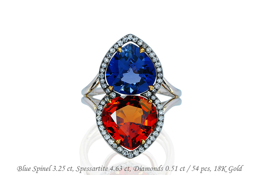 Luxury Promise 18K RING Pink GoldBlue Spinel 3.25 ctSpessartite 4.63 ctDiamonds 0.51 ct / 54 pcs R15185
