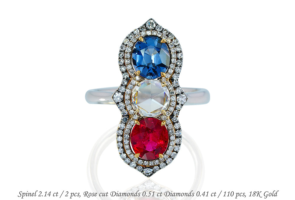 Luxury Promise 18K RING Pink GoldSpinel 2.14 ct / 2 pcsRose cut Diamonds 0.51 ctDiamonds 0.41 ct / 110 pcs R14237