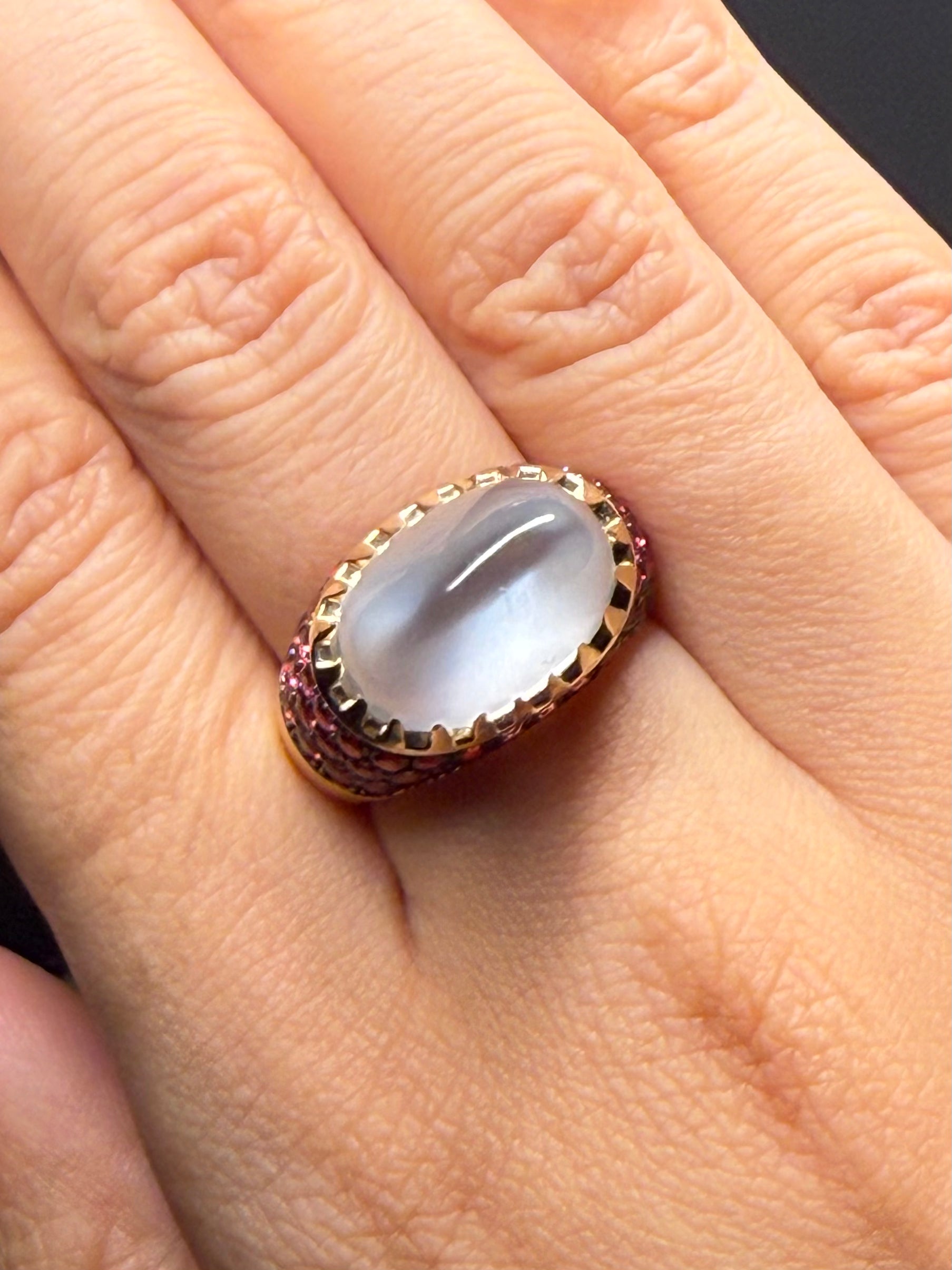 Luxury Promise 18K RING White and Yellow GoldMoonstone 12.38 ctRed Spinel 1.86 ct / 50 pcs R13158