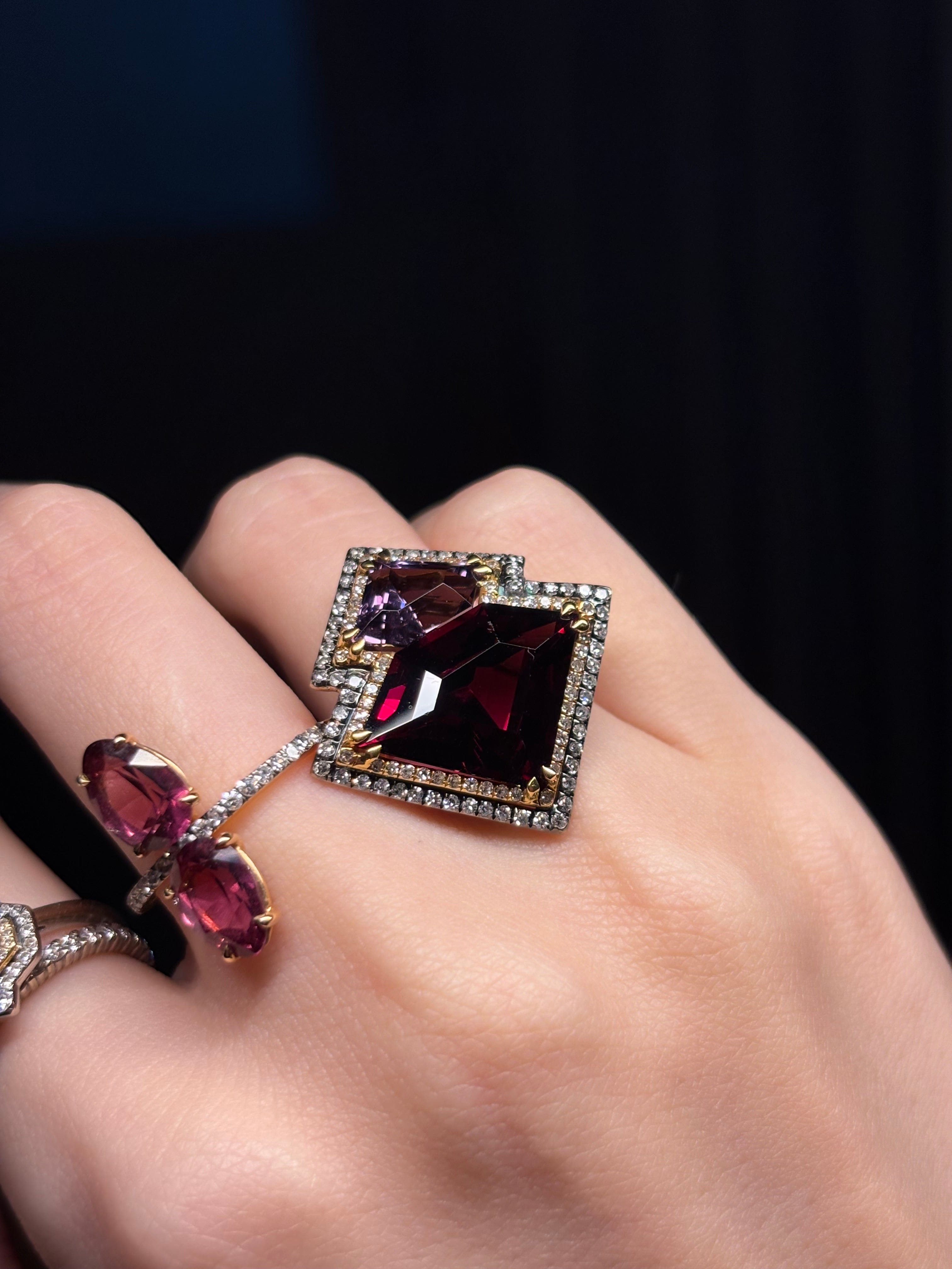 Luxury Promise 18K RING White Pink and Yellow Gold 5.62 Gm, Rhodolite Garnet 9.70 ct, Spinel 2.85 ct, Diamonds 0.52 ct / 110 pcs R1232