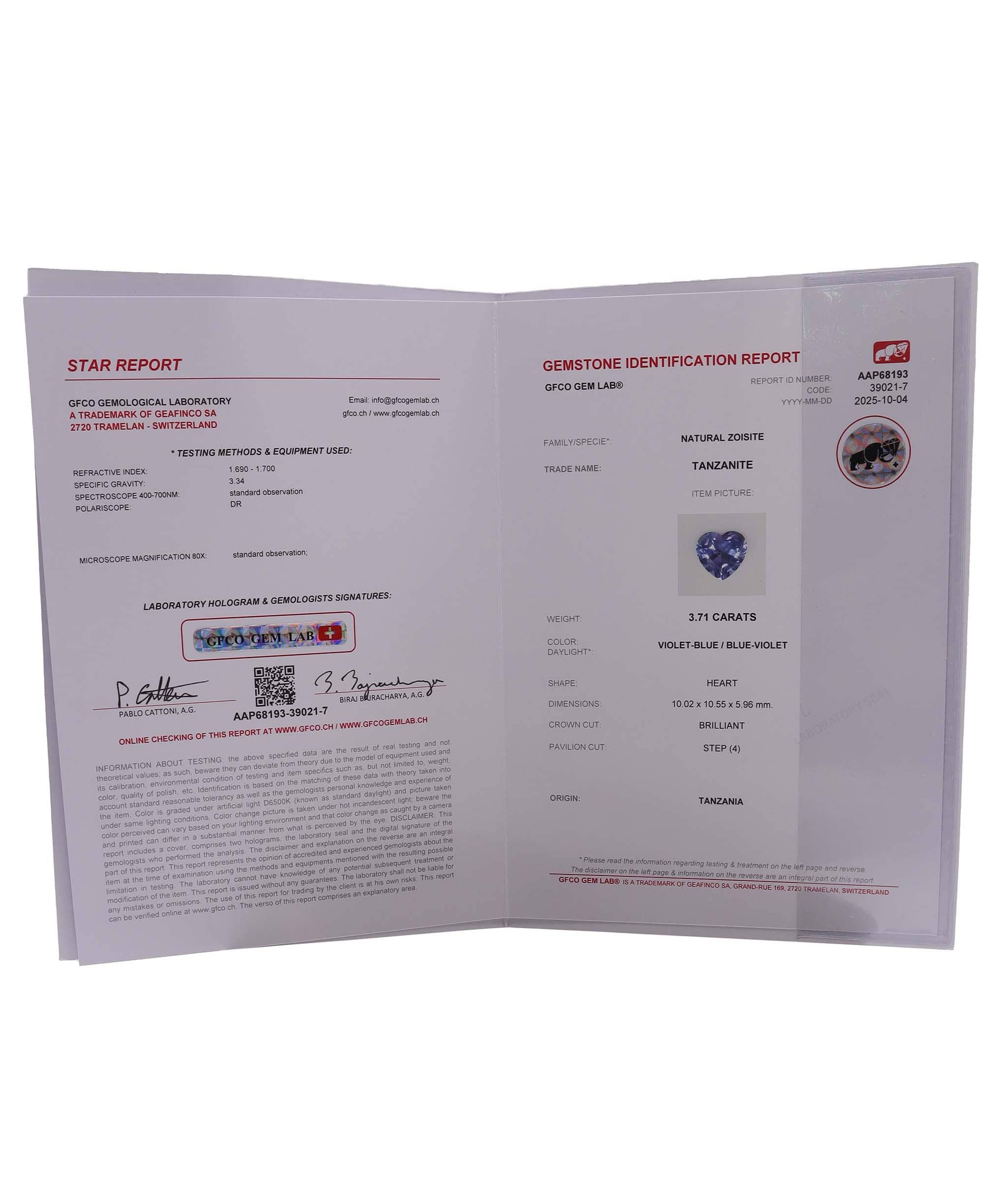 Luxury Promise 3.7ct Tanzanite blue heart DXBS5609