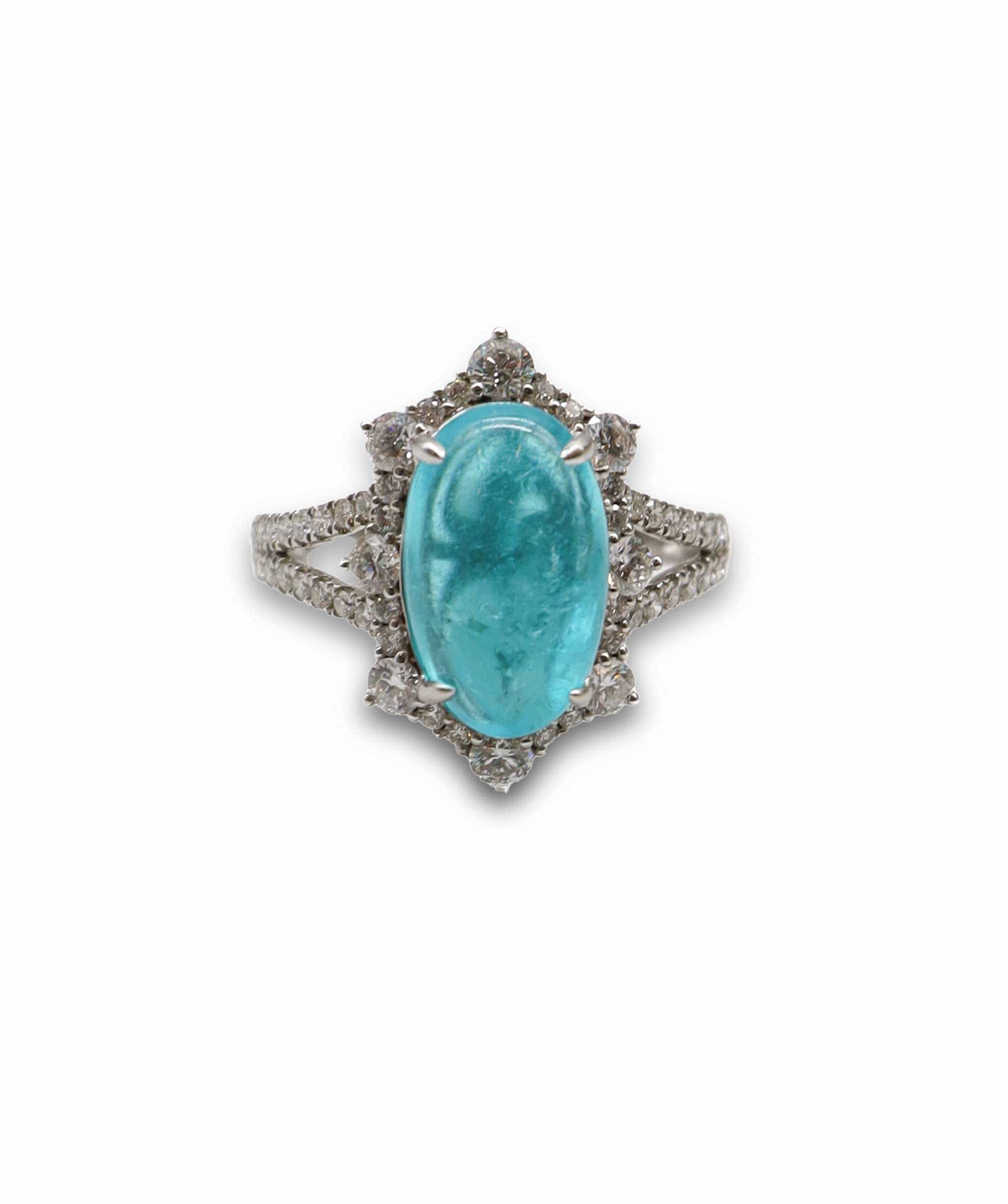 Luxury Promise 4.16CT OVAL CABOCHON BRAZILIAN PARAIBA & DIAMOND RING 18K WG DXBCS3475