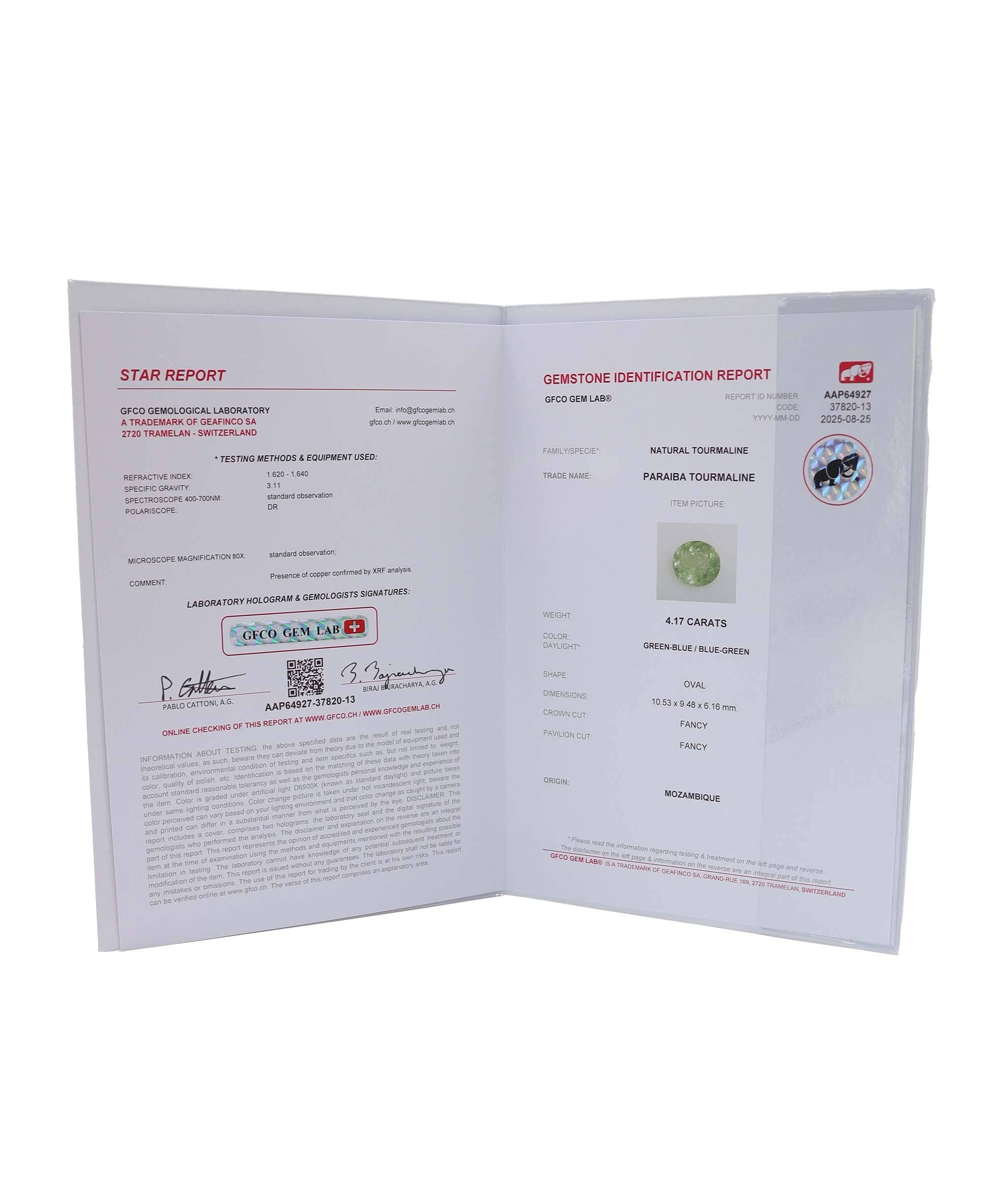 Luxury Promise 4.17ct paraiba tourmaline DXBCD0666