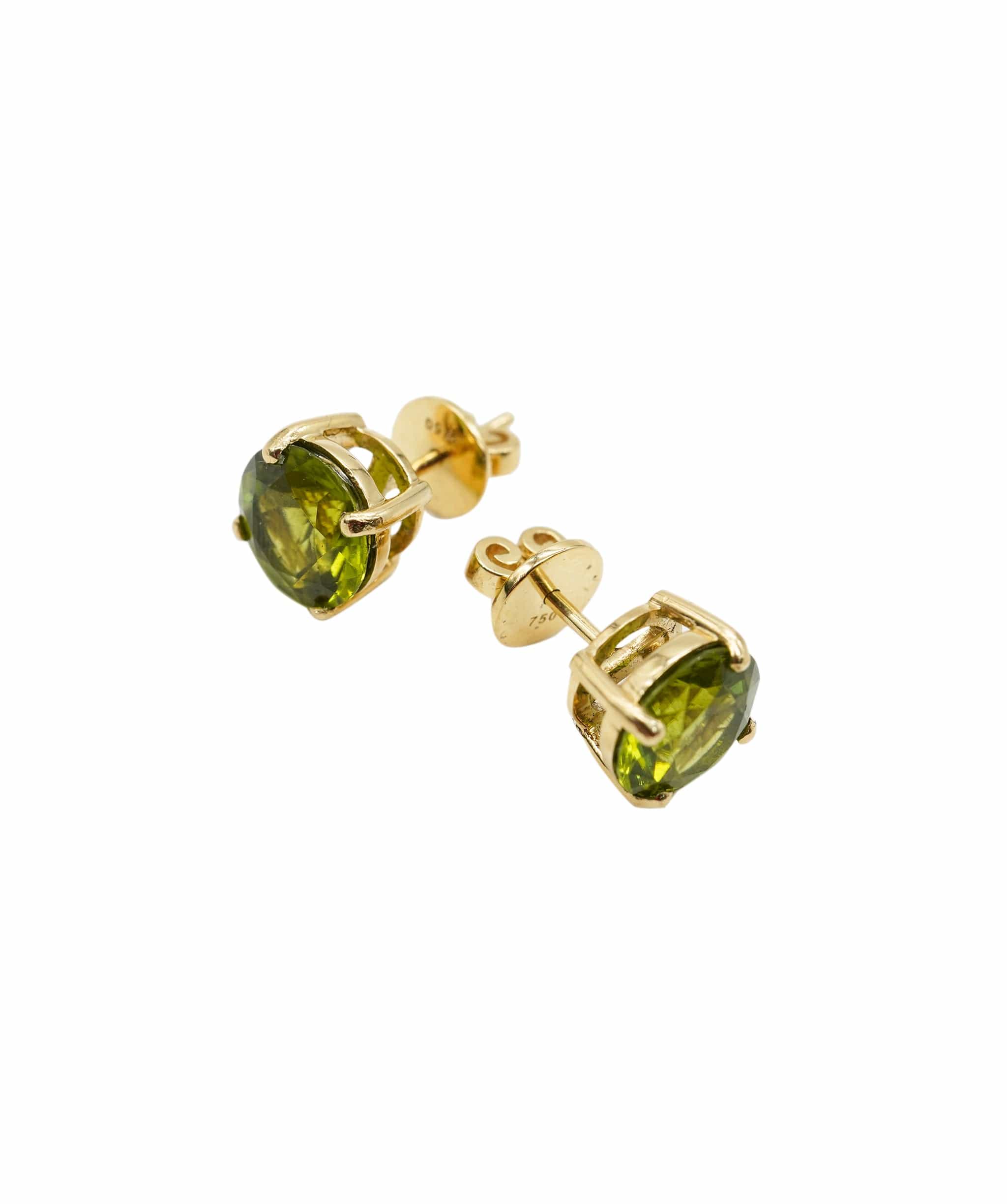Luxury Promise 5.69CT Peridot Round Brilliant PAIR Set in 18crt Yellow Gold Studs with a basket setting