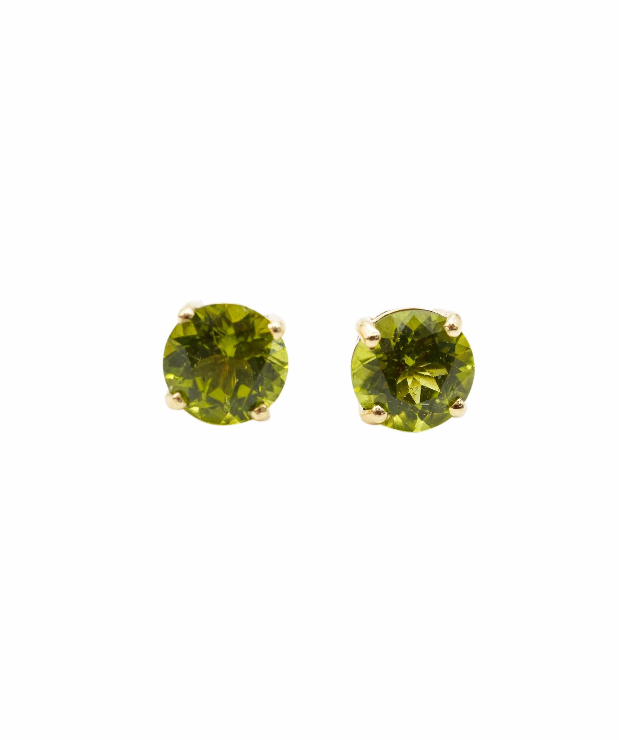 Luxury Promise 5.69CT Peridot Round Brilliant PAIR Set in 18crt Yellow Gold Studs with a basket setting