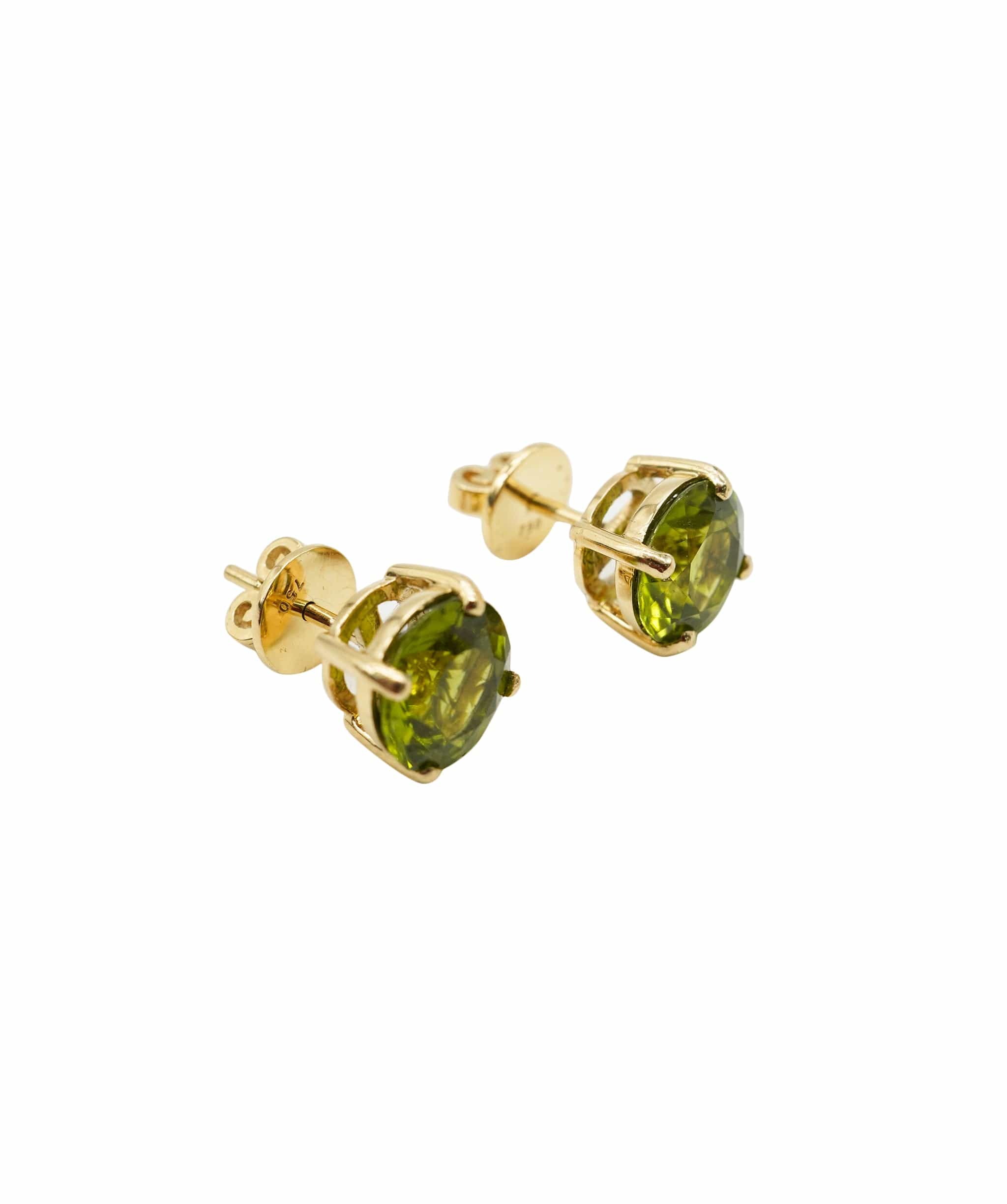 Luxury Promise 5.69CT Peridot Round Brilliant PAIR Set in 18crt Yellow Gold Studs with a basket setting