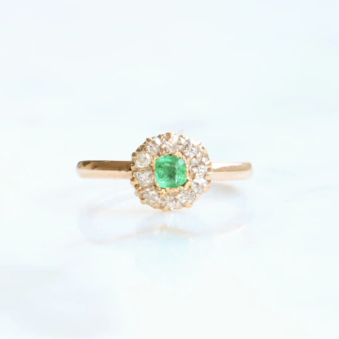 Luxury Promise 9CT GOLD VINTAGE EMERALD AND OLD CUT DIAMOND RING ASC4723