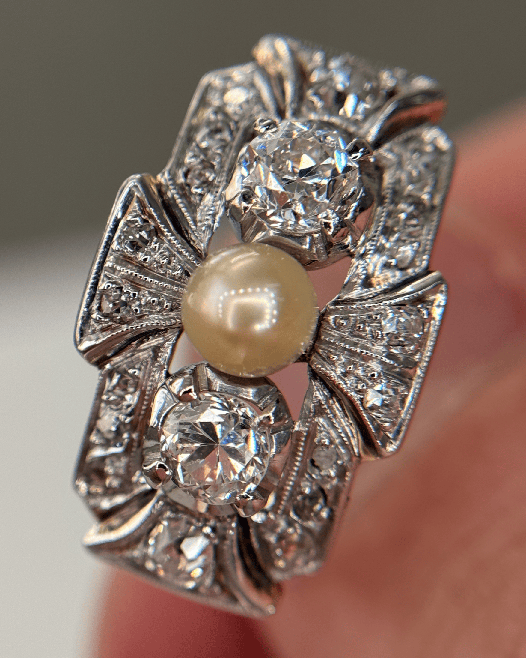 Luxury Promise Antique Pearl & Diamond Cluster Ring in 18K/PT950  053999 JJC0179