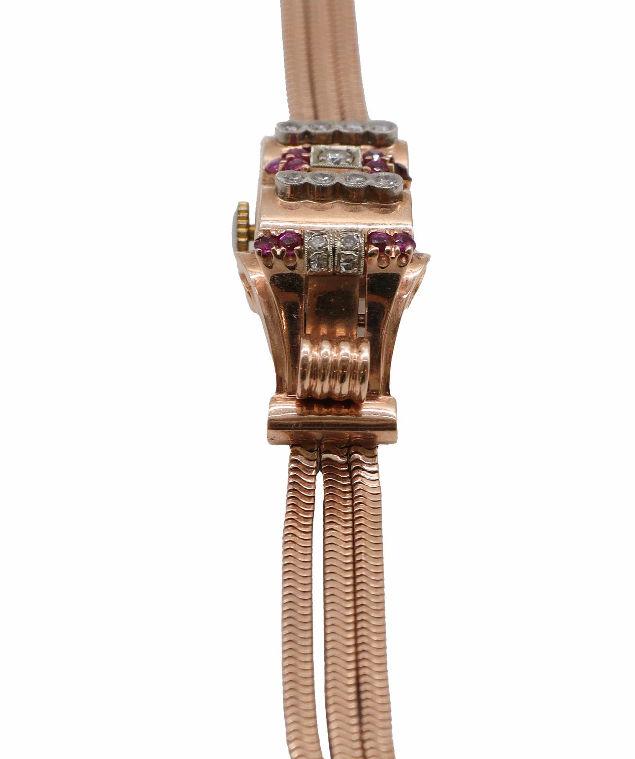 Luxury Promise Art Deco 14K Ruby Diamond Rose Gold Secret Watch HN056 DXBS2504