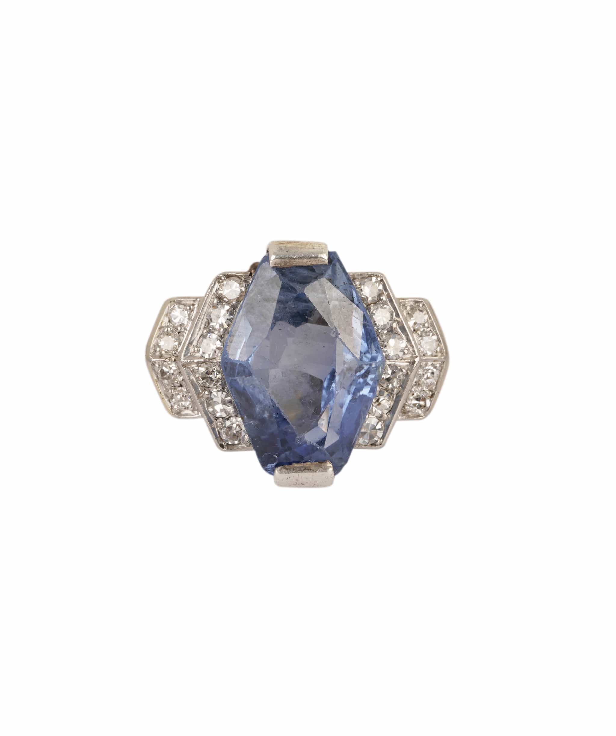 Luxury Promise Art Deco Ceylon Sapphire and Diamond Ring WA24509