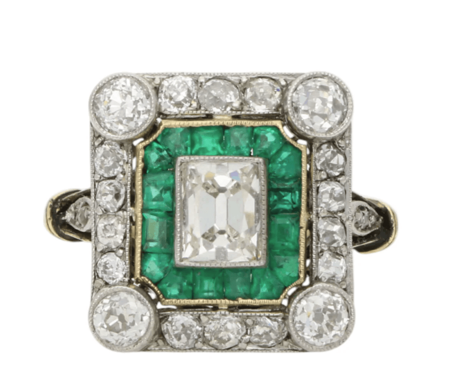 LUXURY PROMISE Art Deco Emerald and diamond cluster ring  AKC0719