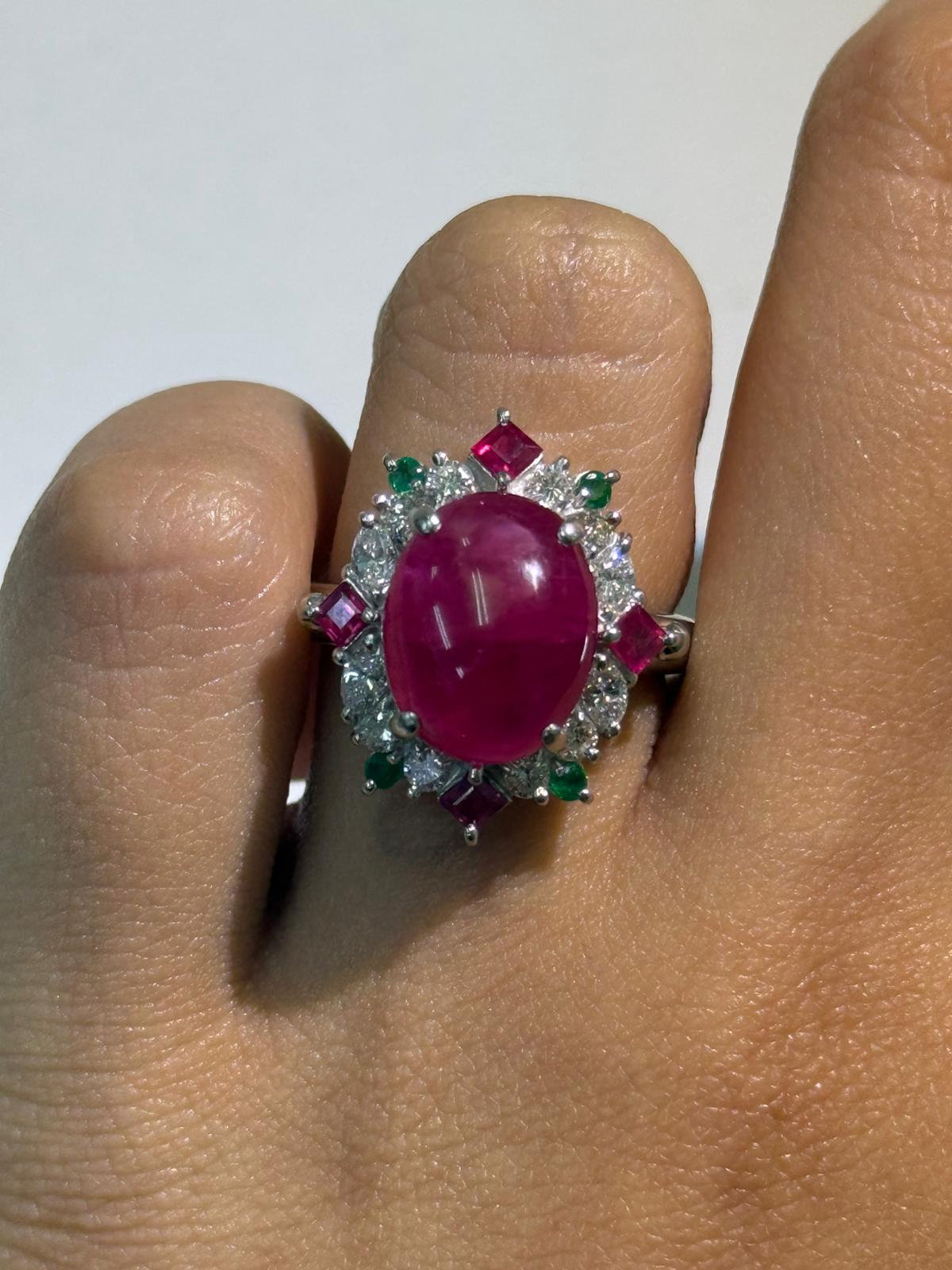 Luxury Promise Cabochon Ruby Ring with Diamond Halo Accents in PT900 / 11.70g, R7.43ct, D0.72ct / Size 6.75 US 024426 JJC0051