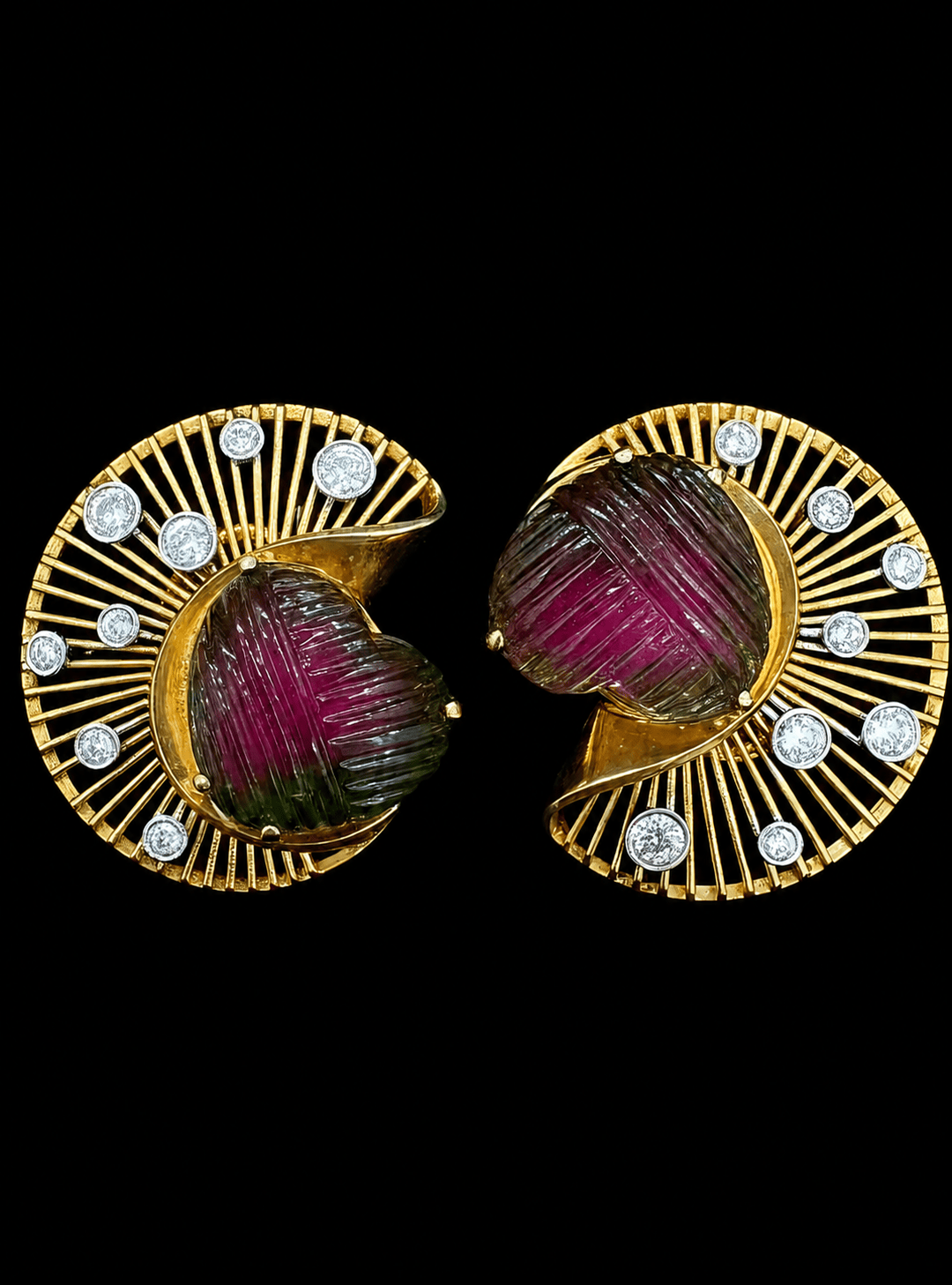 Luxury Promise Carved Bi-color Tourmaline Earrings in K14 / TL / D 008 JJC0942