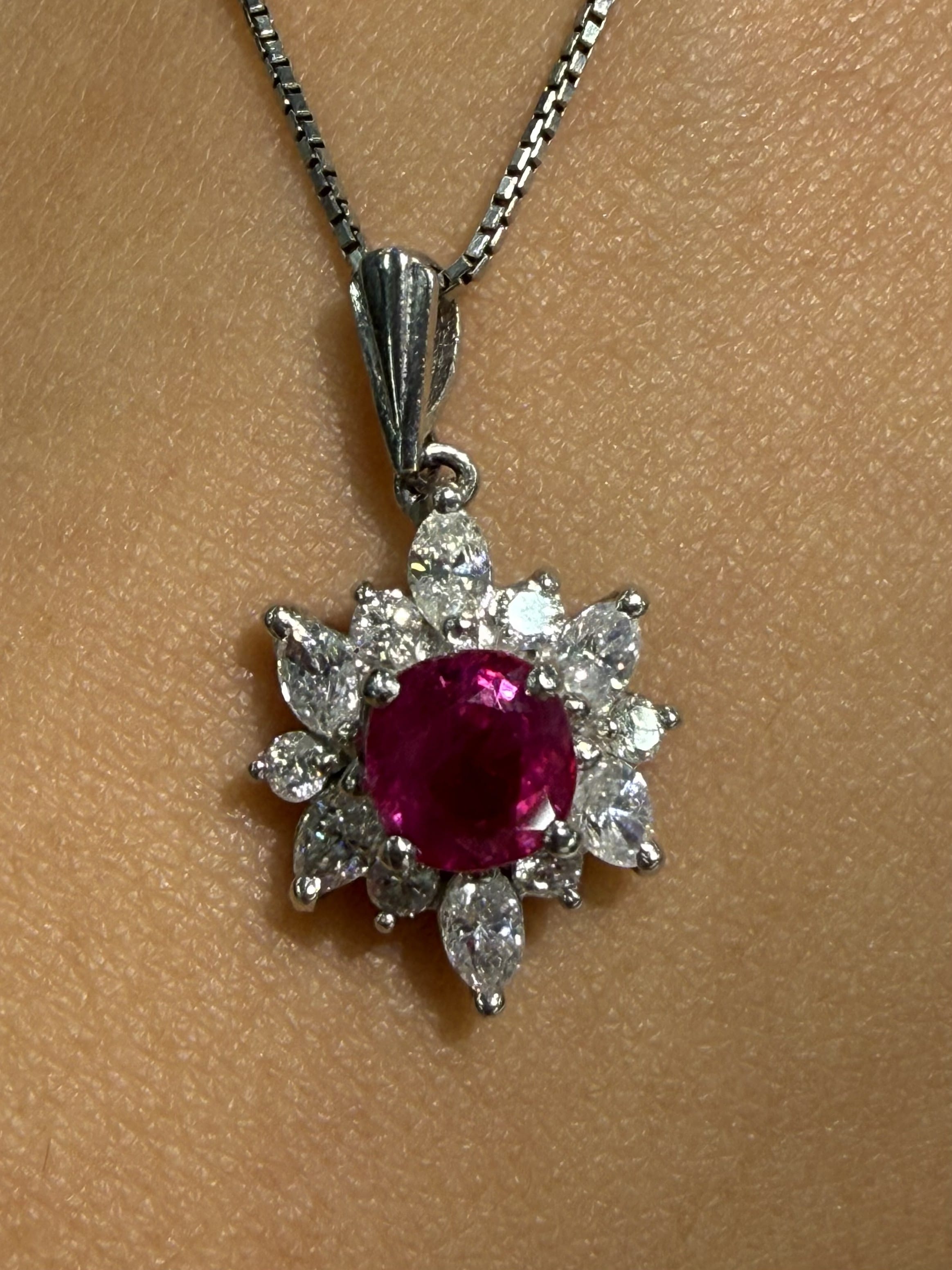 Luxury Promise GIA Burma Ruby Cluster Pendant Necklace with Diamonds in PT900 / 6.79g, R1.55ct, D1.12ct / Size 40cm 009231 JJC0038
