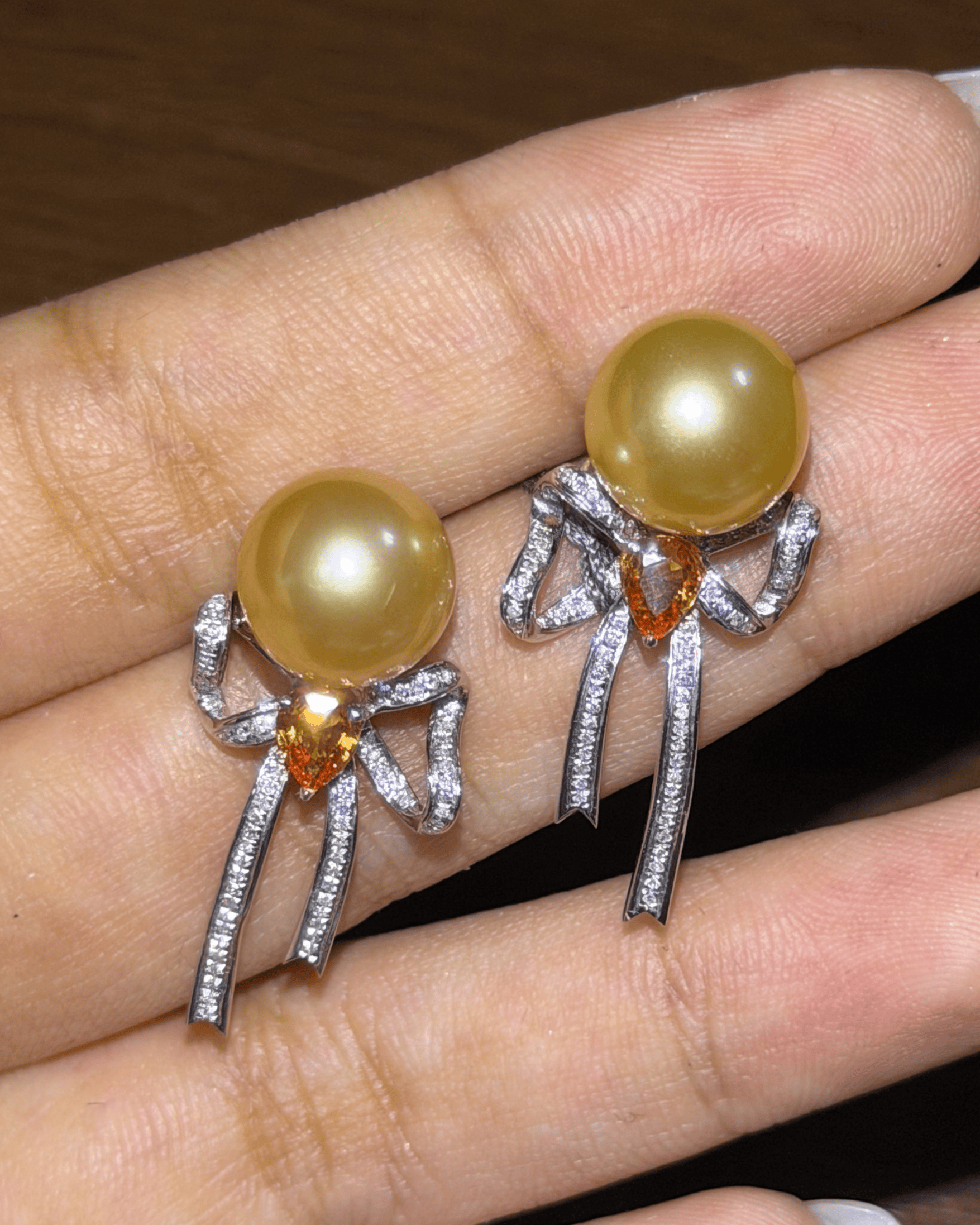 Luxury Promise Golden South Sea Pearl Drop Earrings with Diamond and Garnet Accents in 18K / 7.53g  6818 JJC0125