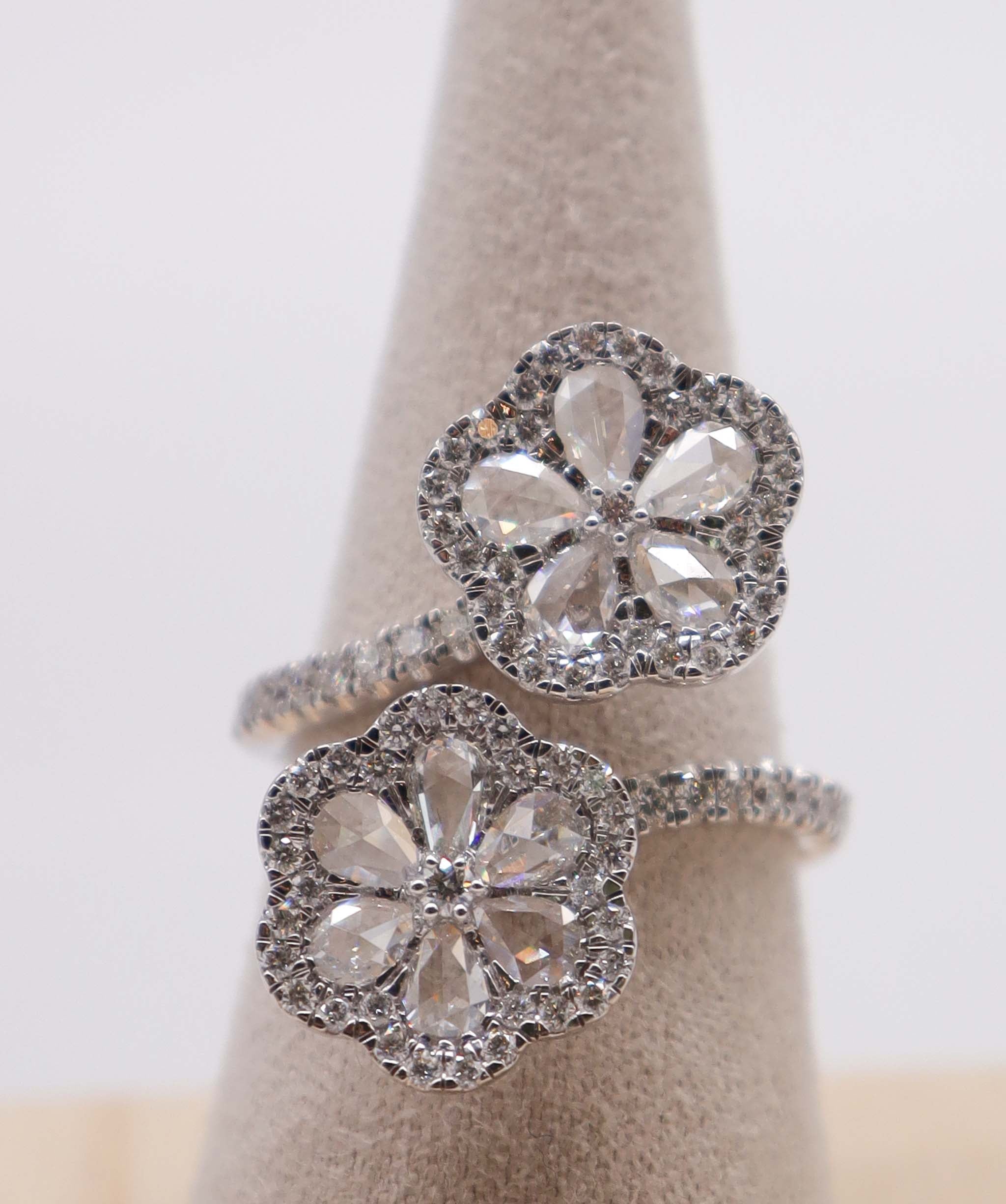 Luxury Promise High Craftsmanship 1.83ct Rose Cut Diamond Double Flower Ring White Gold Size 54 R4321