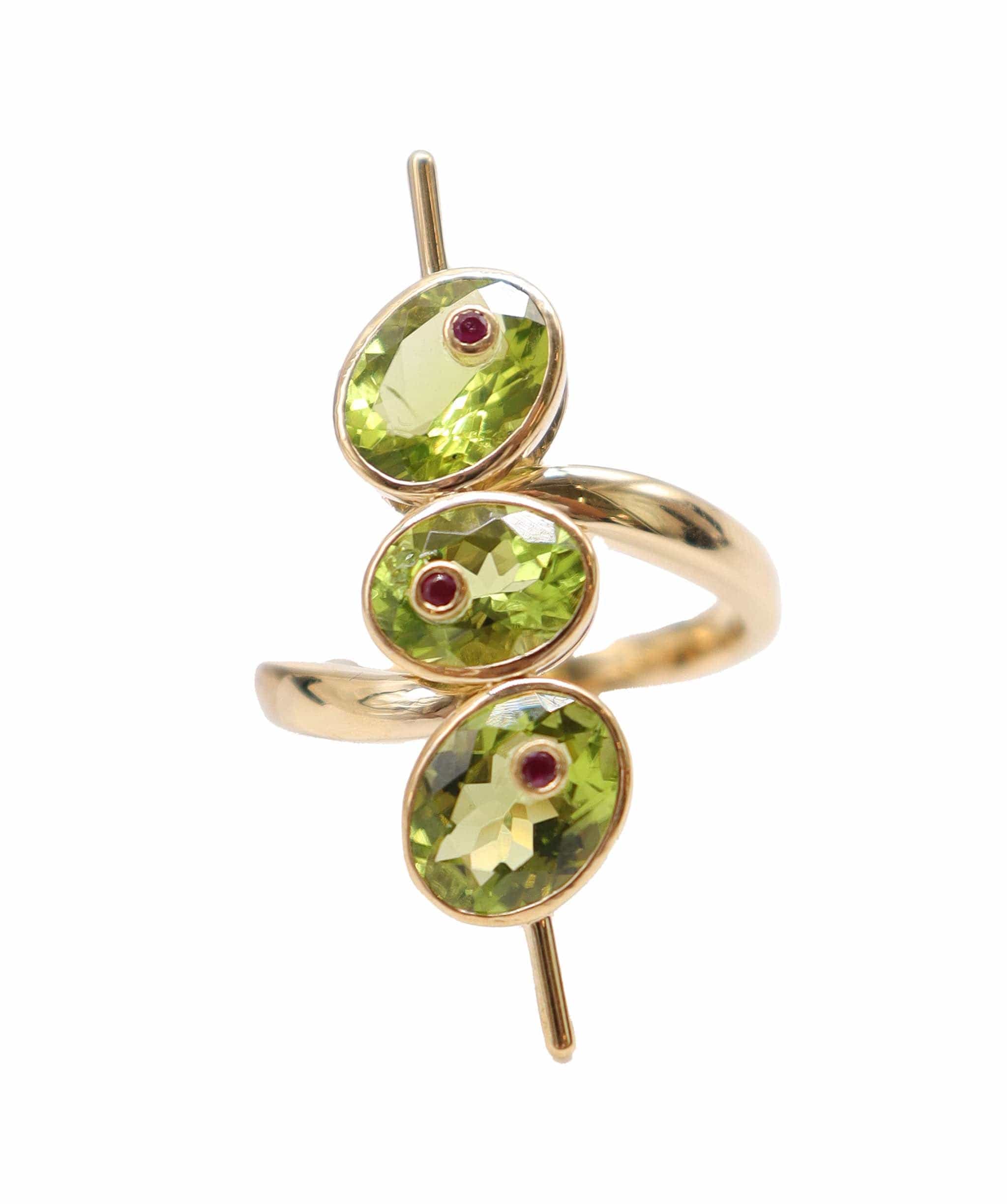 Luxury Promise Olive Stick Peridot & Ruby 18k Yellow Gold Custom Ring  DXBD0343