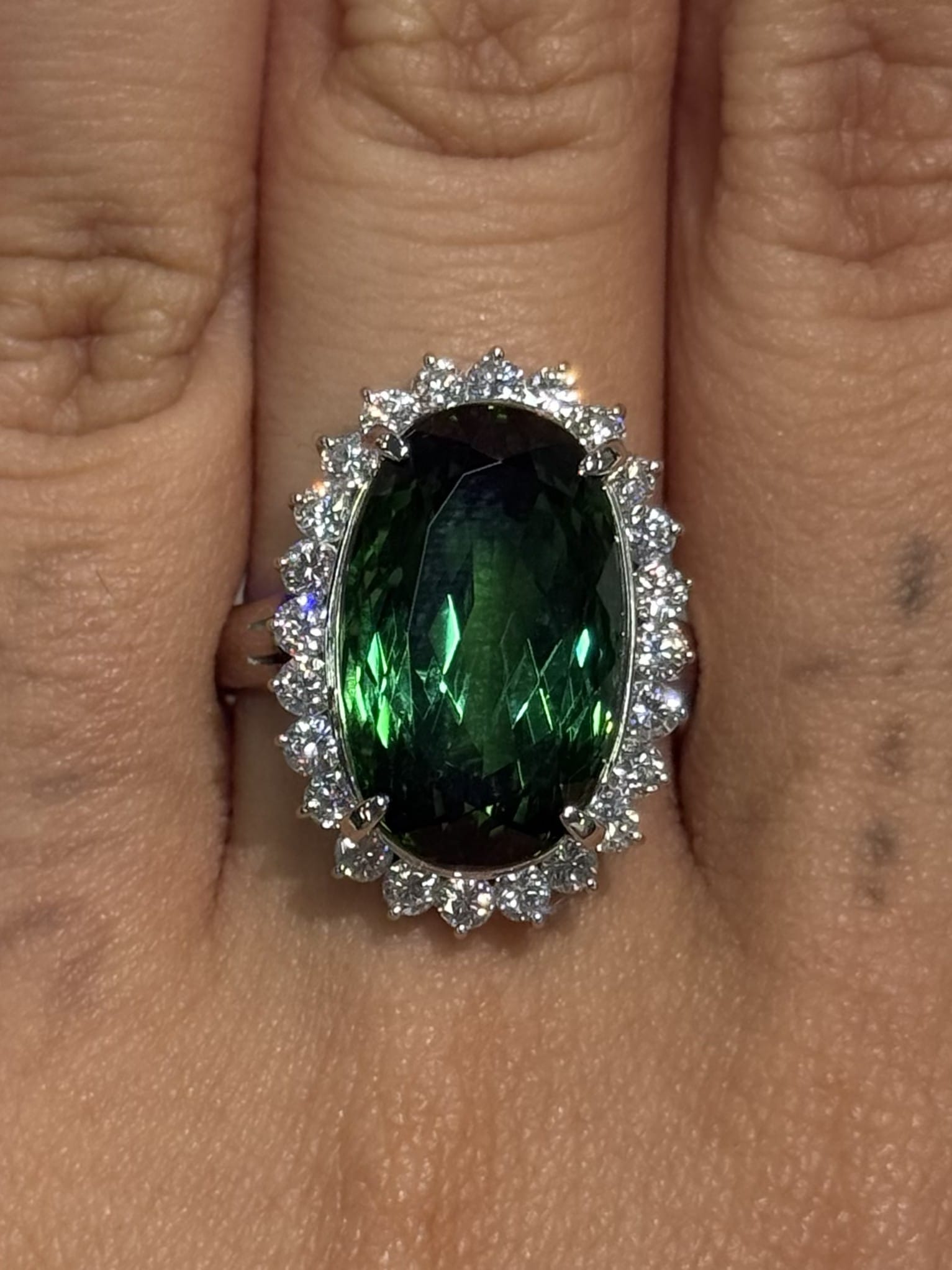 Luxury Promise Oval Green Tourmaline Ring with Diamond Halo in PT900 / 11.20g, TM12.63ct, D1.28ct / Size 8.25 US 023380 JJC0025