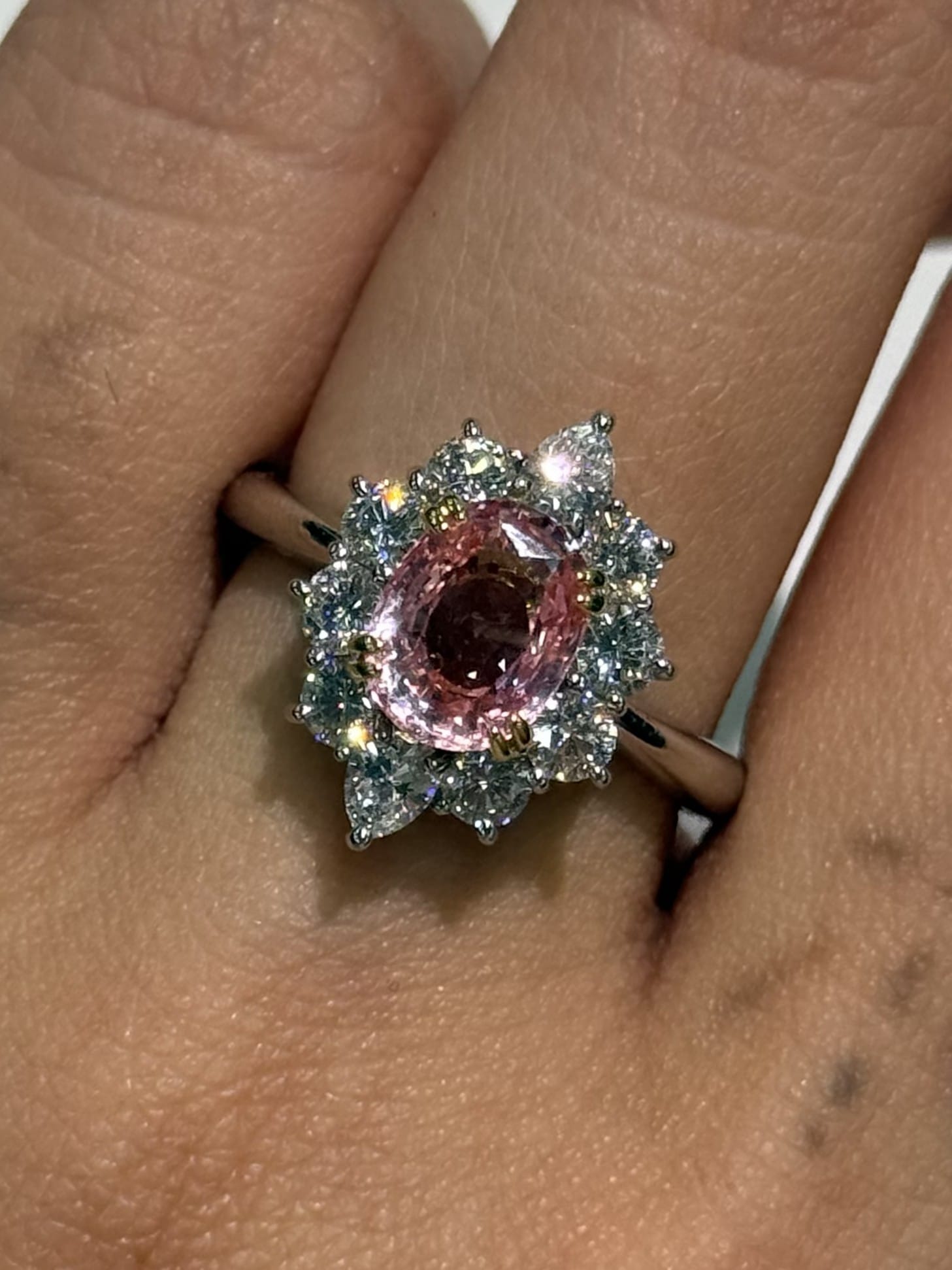Luxury Promise Oval NH Ceylon Padparadscha Ring with Diamond Halo in 18K & PT900 / 8.70g, PPS2.407ct, D1.113ct / Size 6.75 US 023948 JJC0029