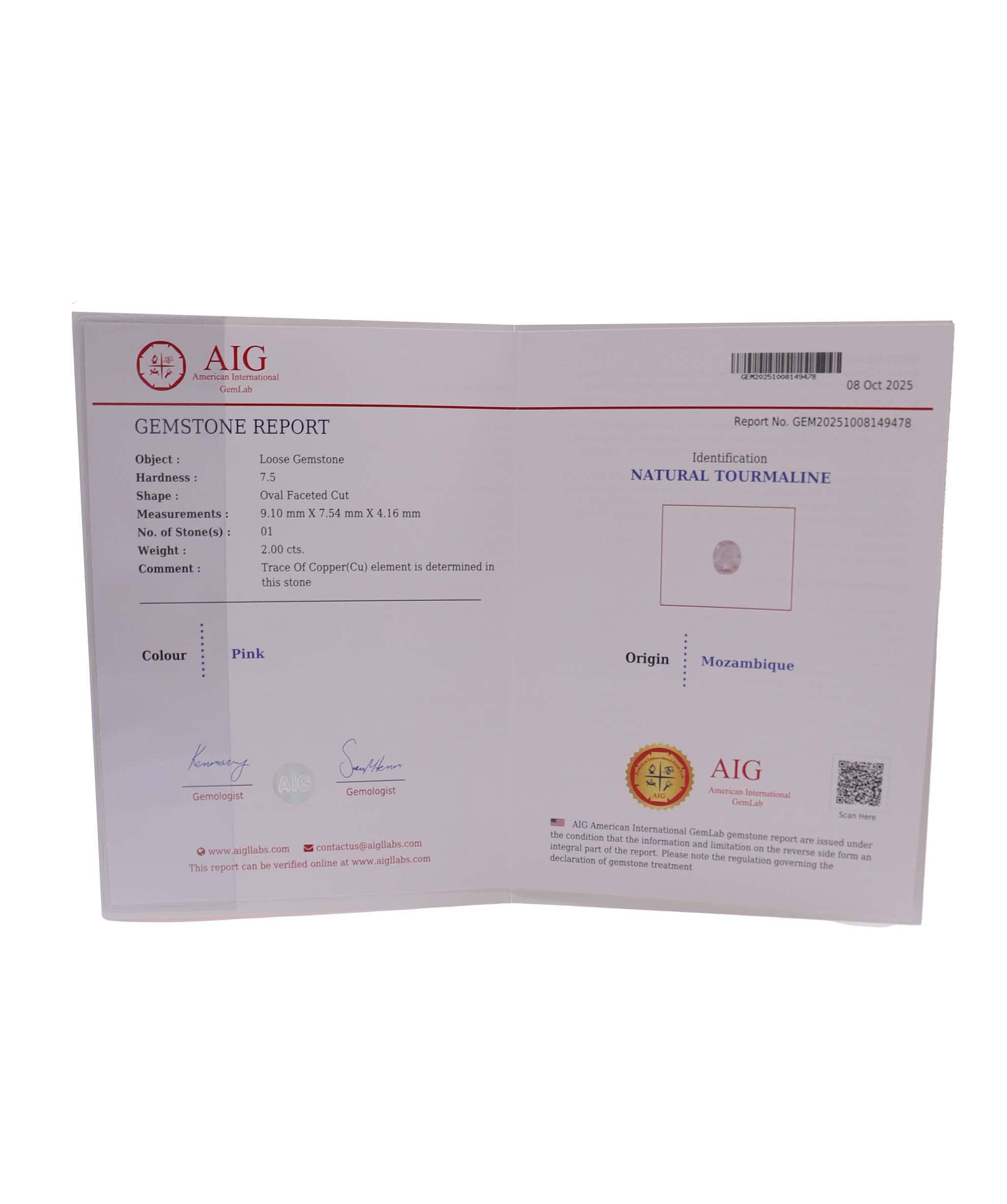 Luxury Promise Paraiba Pink 2.0ct certified DXBCD1051