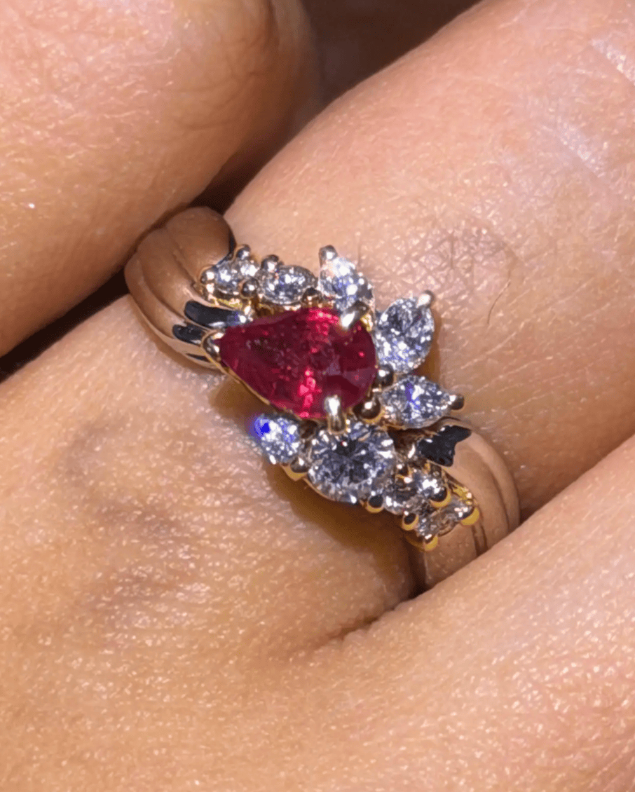 Luxury Promise Pear Ruby Ring with Diamond Halo and Openwork Band in 18K & PT900 / 5.4g, R0.59ct, D0.42ct 2052N JJC0064