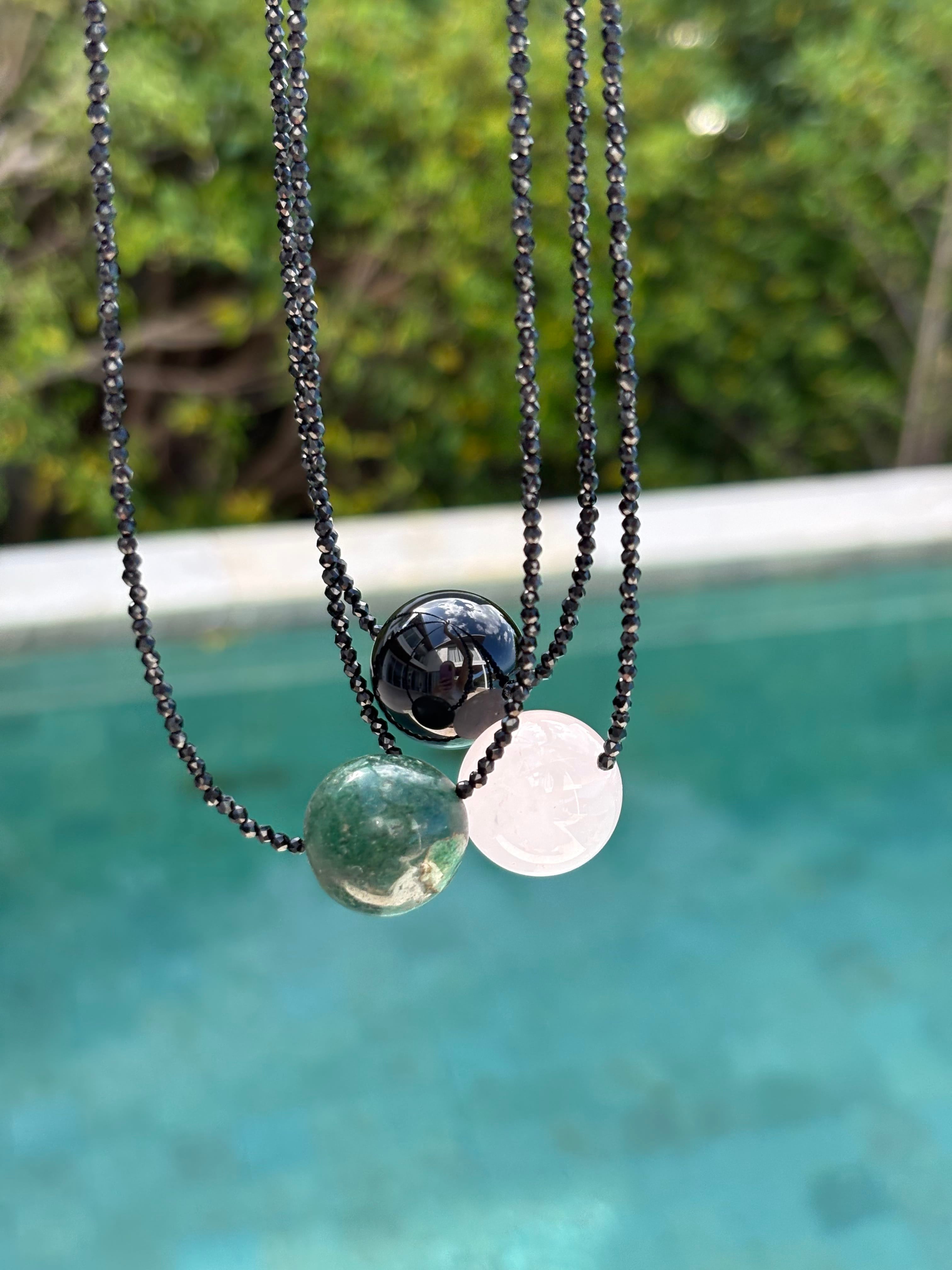 Luxury Promise Planet Necklace: Black Spinel Faceted 29” (74cm) + 20mm Sphere Aventurine + Silver clasp DXBCS5328