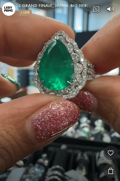 Luxury Promise PT900 3 prong ring with a Pear Shape Natural Colombian Vivid Green Emerald and Diamond Halo L1085