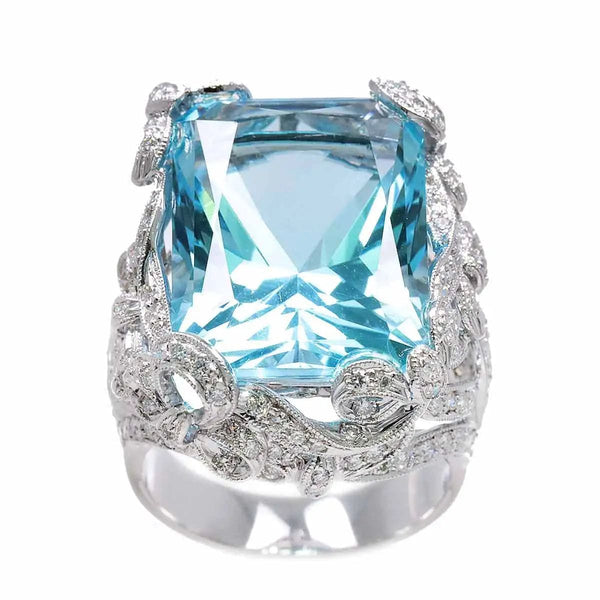 Luxury Promise Ring - Blue Topaz Diamond 18K WG Size6.5-6.75(US)