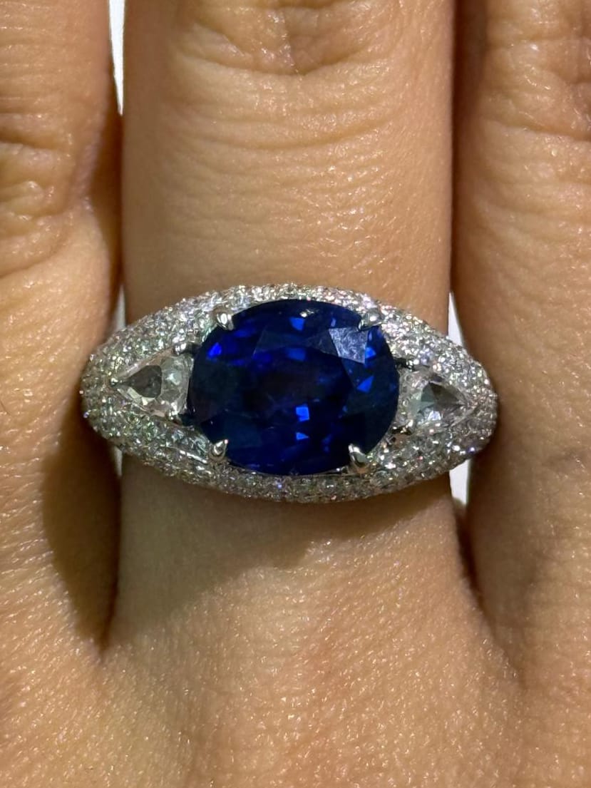 Luxury Promise Royal Blue Sapphire Ring with Rose Cut Pear Diamonds in Pave Dome Setting, PT900 / 9.80g, S4.950ct, D0.33ct + 0.82ct / Size 6.25 US 024429 JJC0048
