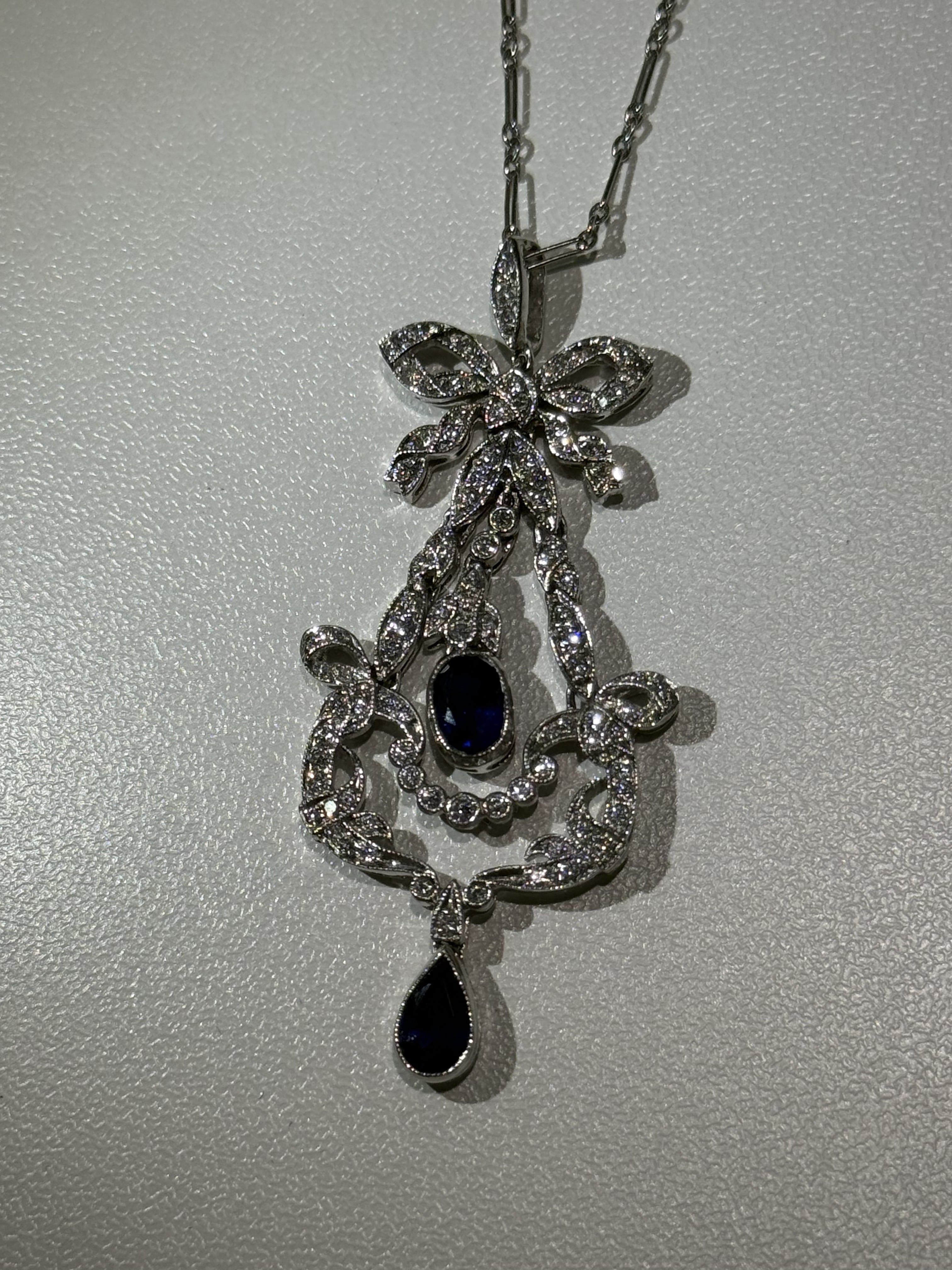 Luxury Promise Sapphire and Diamond Bow Pendant Necklace in 18K / 10g / Size 44cm 023758 JJC0036