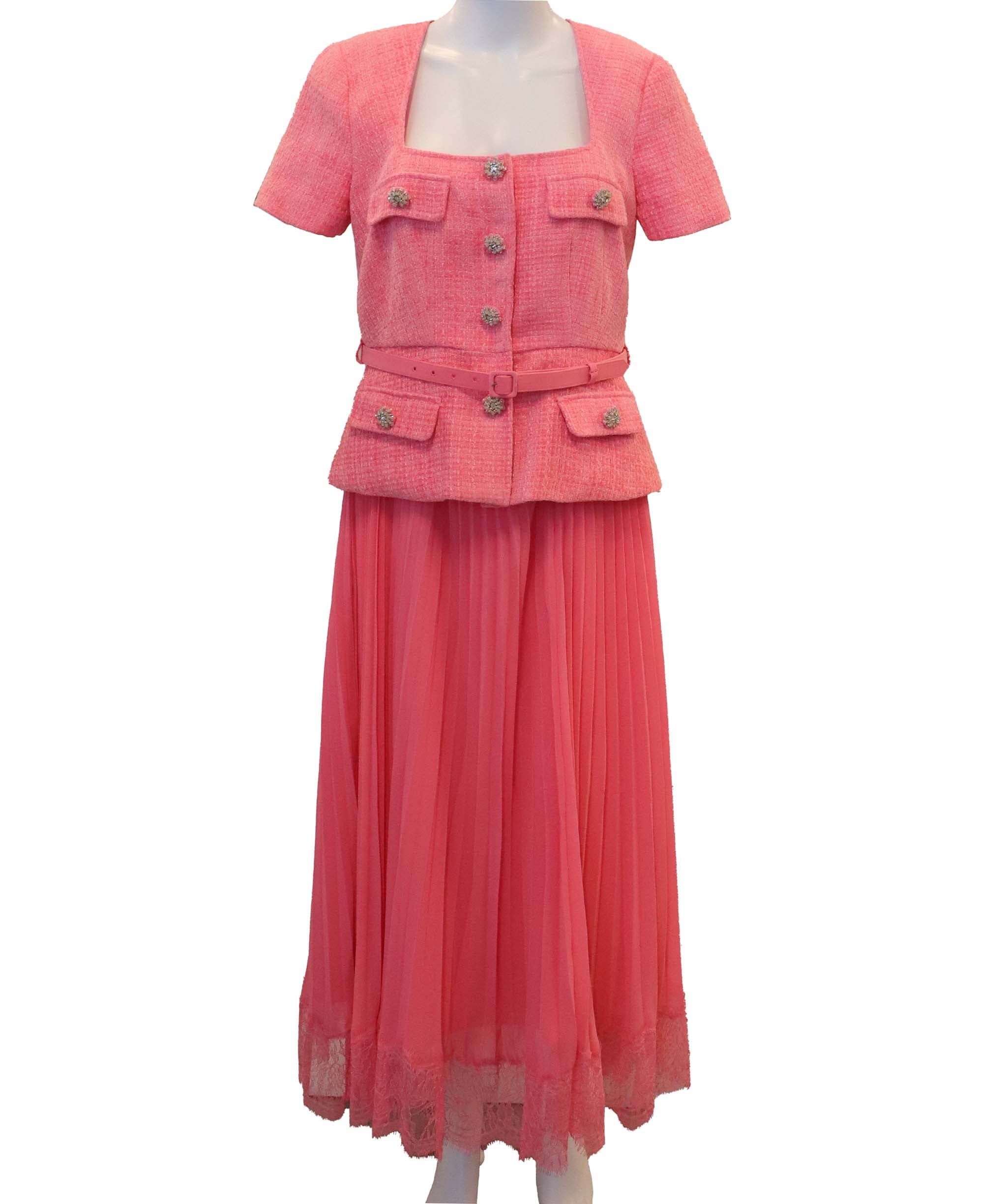 Luxury Promise Self-Portrait Pink in Boucle & Chiffon Midi Dress size 12 UK DXBCS0746