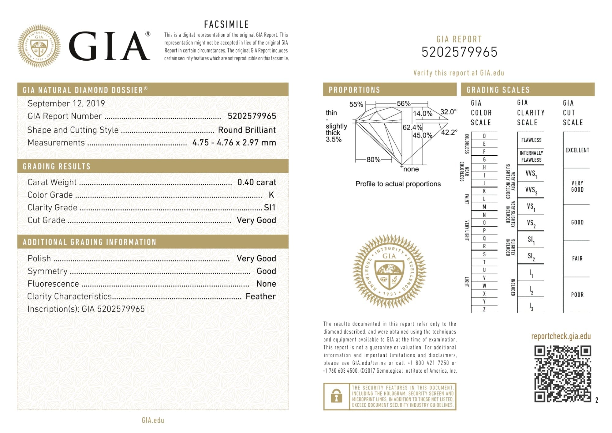 Luxury Promise GIA Certified 0.40 Ct Round cut K SI1 Loose Diamond