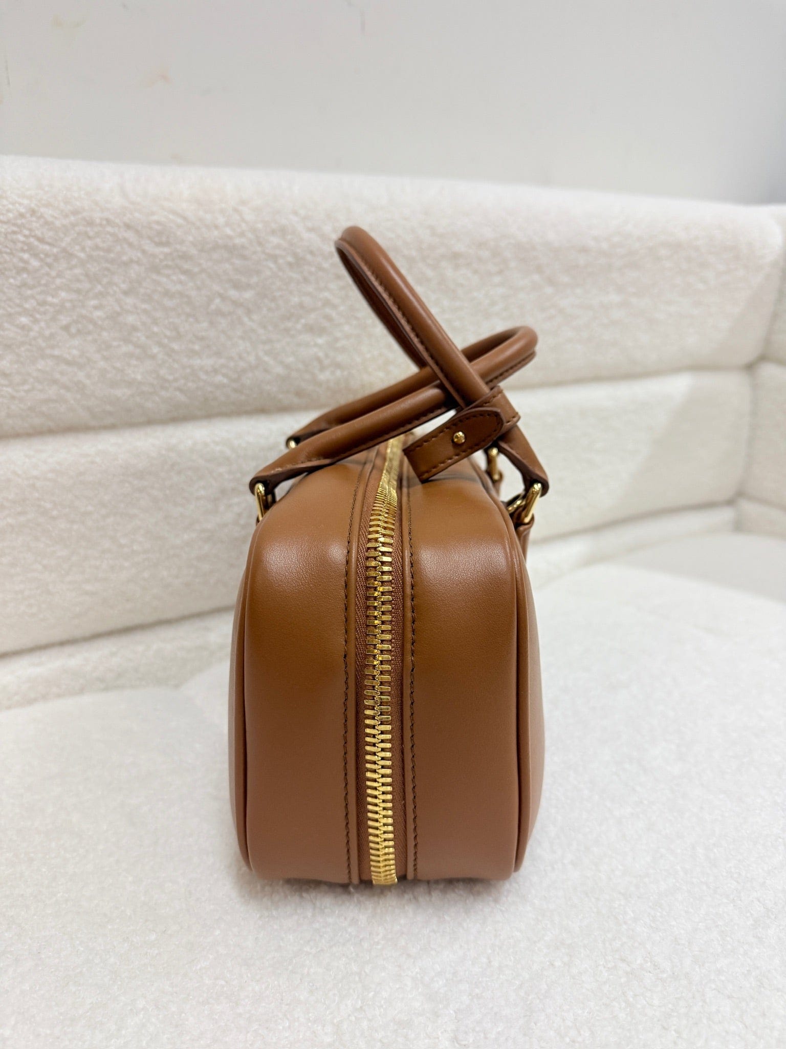 LUXURY PROMISE Miu Miu Arcadie Brandy Brown Leather Top Handle Bag with Gold Hardware