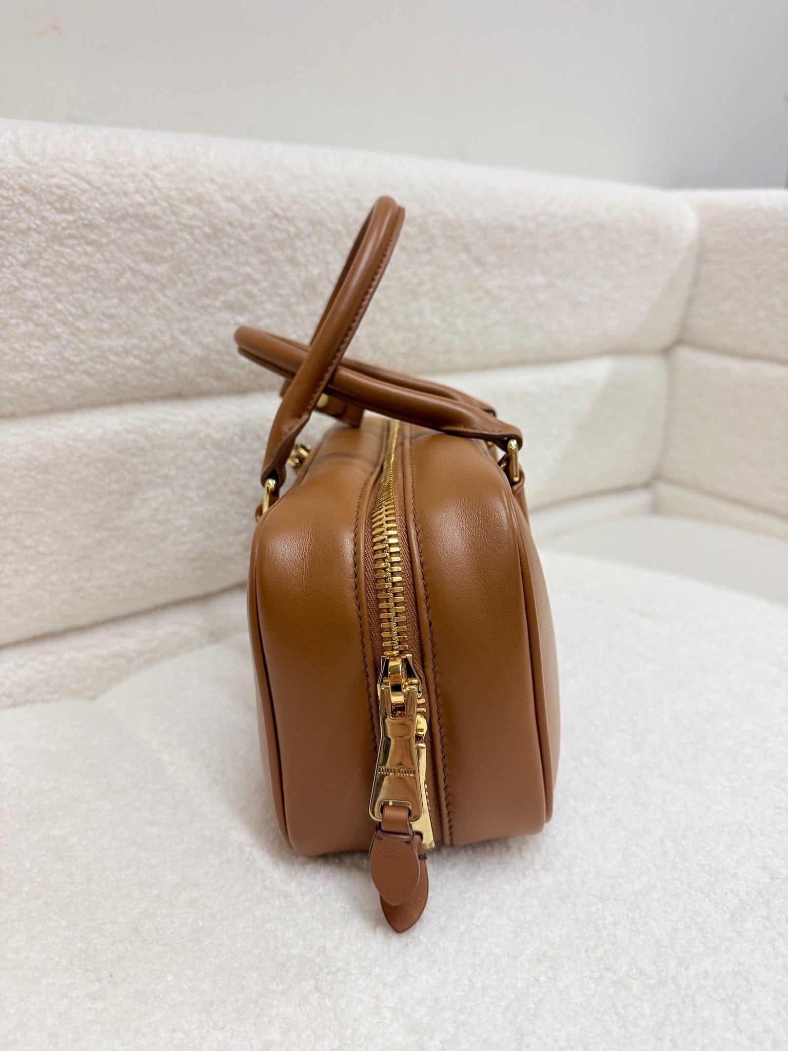 LUXURY PROMISE Miu Miu Arcadie Brandy Brown Leather Top Handle Bag with Gold Hardware
