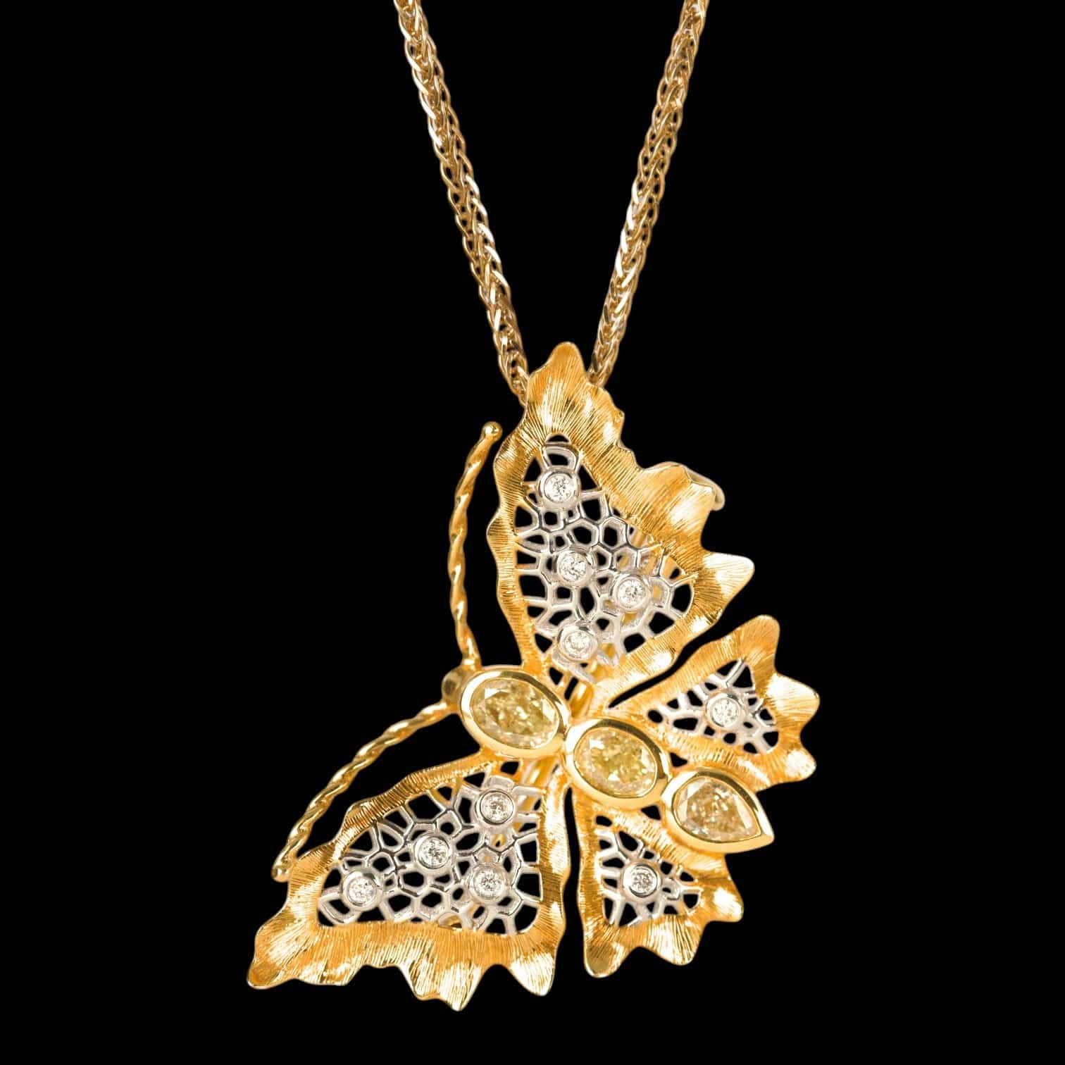 Luxury Promise 0.43ct Yellow Diamond & 0.05ct Natural Diamond Butterfly Necklace/Brooch set in 18K Gold