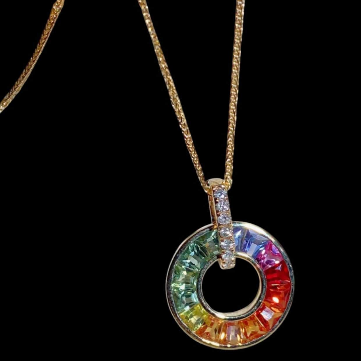 Luxury Promise 1.60ct Multi Coloured Sapphires with 0.07ct Diamonds set in 18K Yellow Gold Ring Necklace