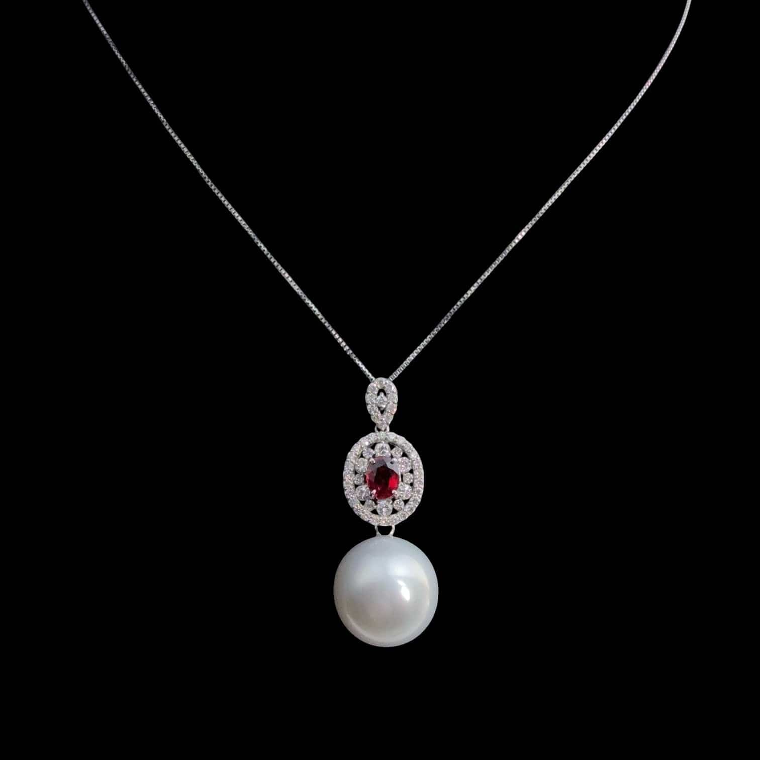 Luxury Promise 13.1mm Natural South Sea White Pearl and 0.45ct Ruby & 0.40ct Diamond Necklace set in  Platinum