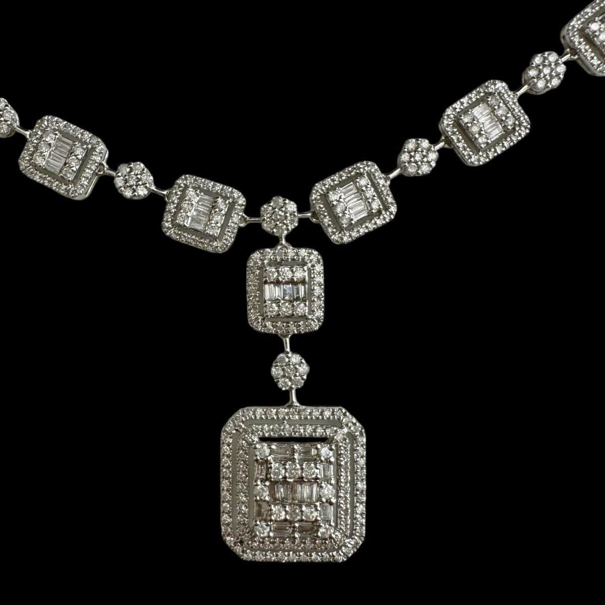 Baguette & Round Diamond Pendant Necklace set in 18K White Gold