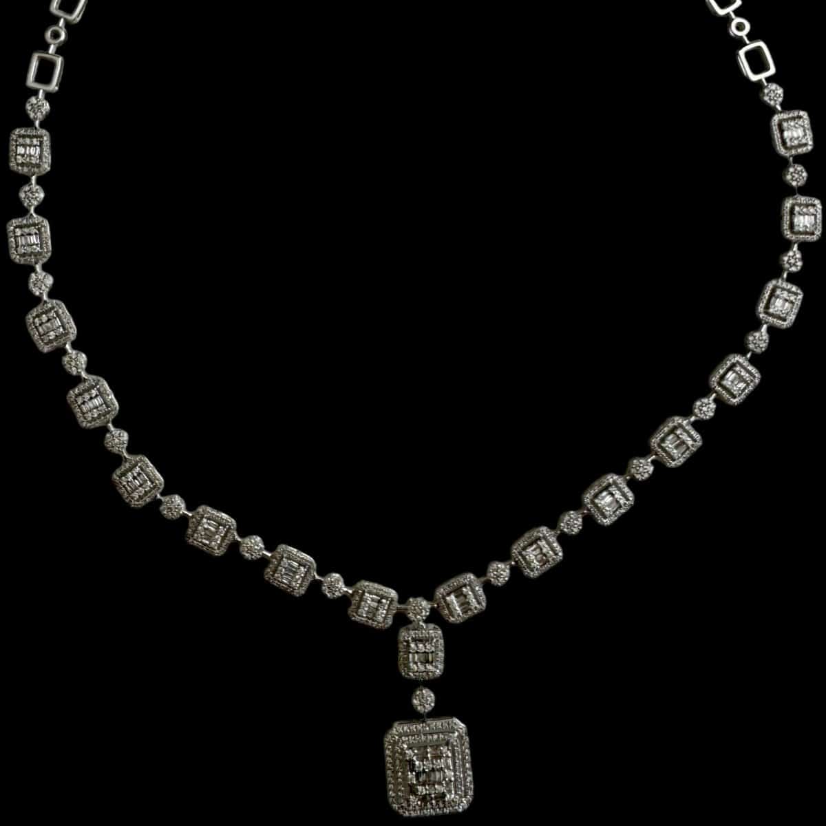 Baguette & Round Diamond Pendant Necklace set in 18K White Gold