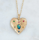 Luxury Promise Big Heart Necklace 9ct Yellow Gold with 45cm Trace Chain, Black Opal from Lightning Ridge, Shades of Sapphires, Ruby and Emerald