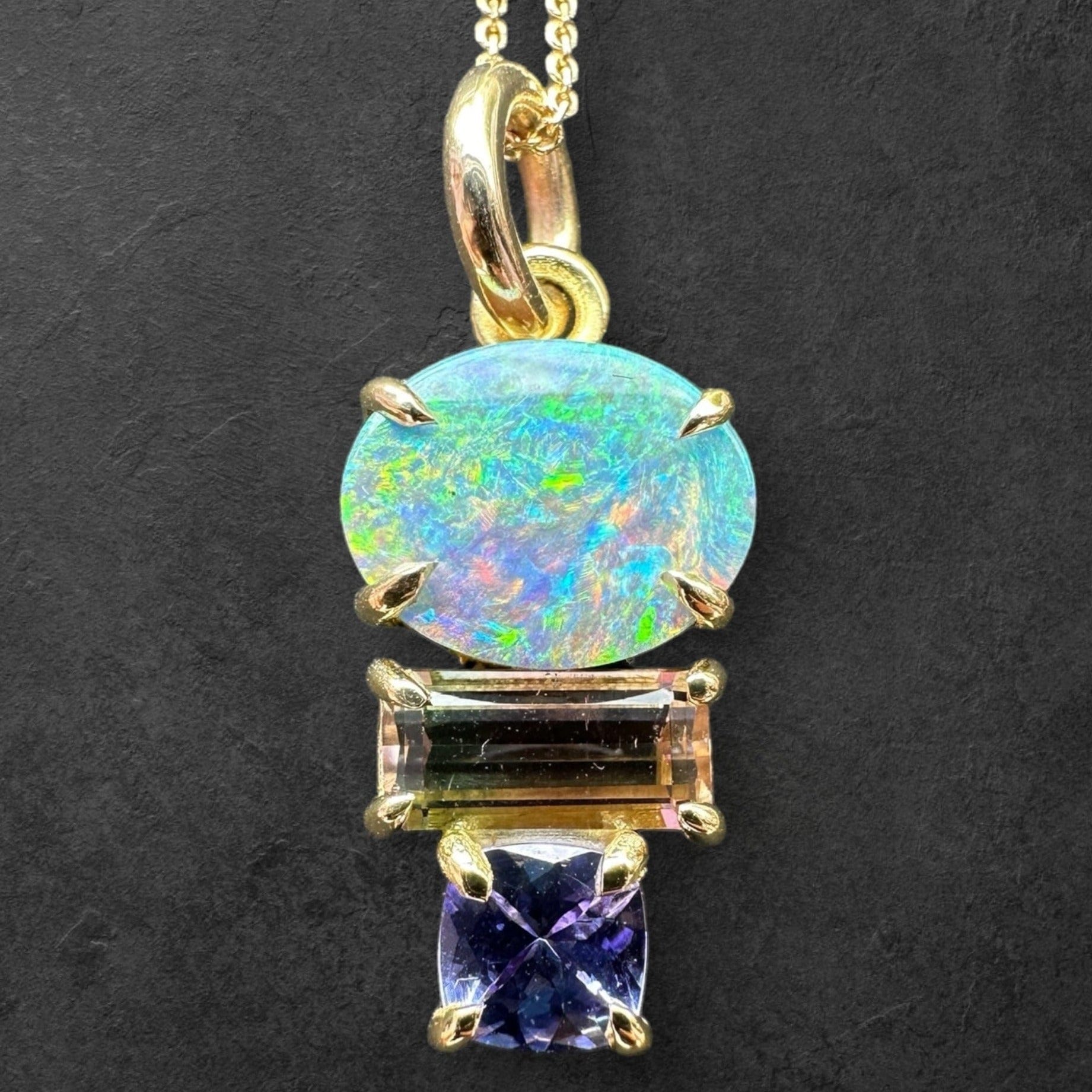 Luxury Promise Boulder Opal, Bi-Colour Tourmaline & Purple Tanzanite Pendant set in 18K Yellow Gold Necklace